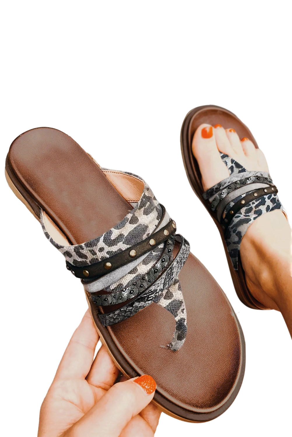 Leopard Studded Animal Print Flip Flop Sandals - loveforevers