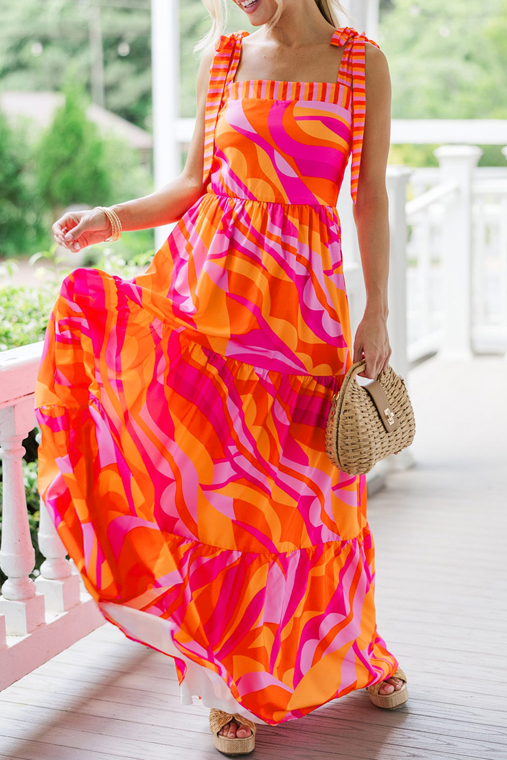 Red Abstract Print Knotted Shoulder High Waist Maxi Dress - loveforevers