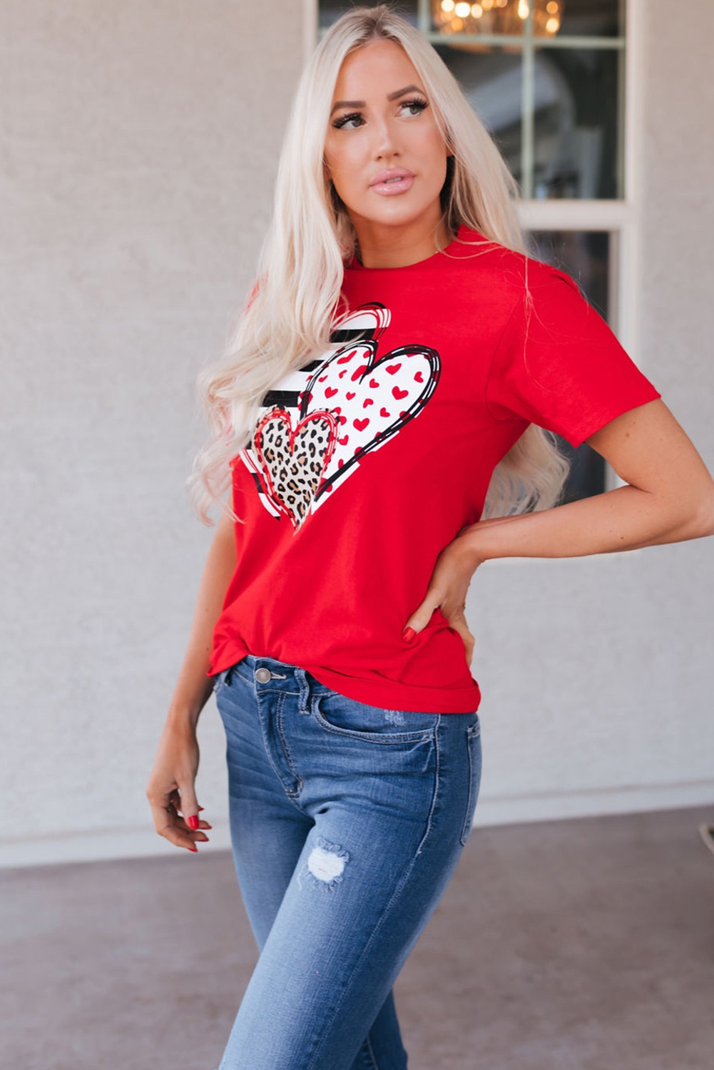 Red Leopard Striped Heart Shaped Print Crew Neck T Shirt - loveforevers