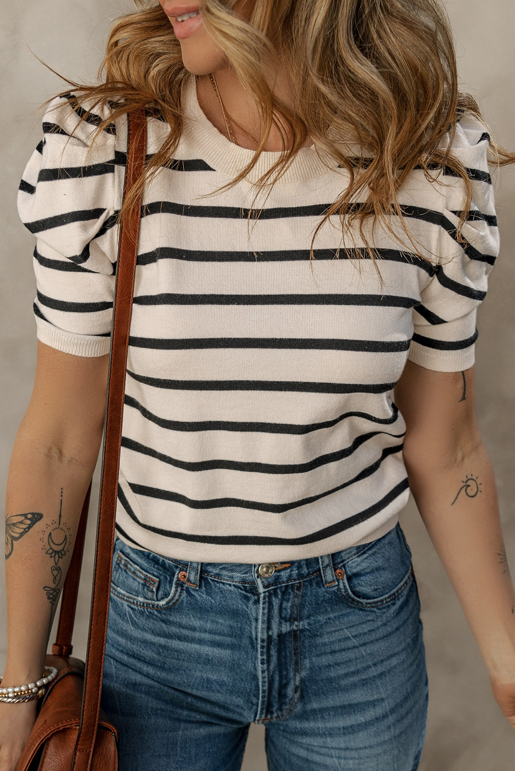 Blue Stripe Ribbed Trim Round Neck Bubble Sleeve Knitted Top - loveforevers