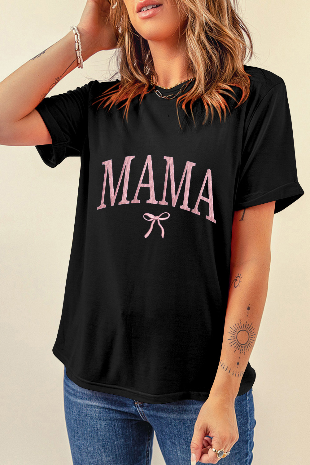Black MAMA Bow Embroidered Crewneck Tee - loveforevers