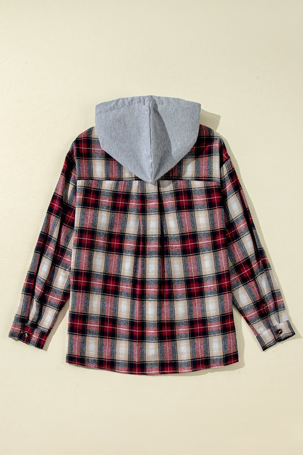 Red Plaid Print Chest Pocket Buttoned Hooded Shacket - loveforevers