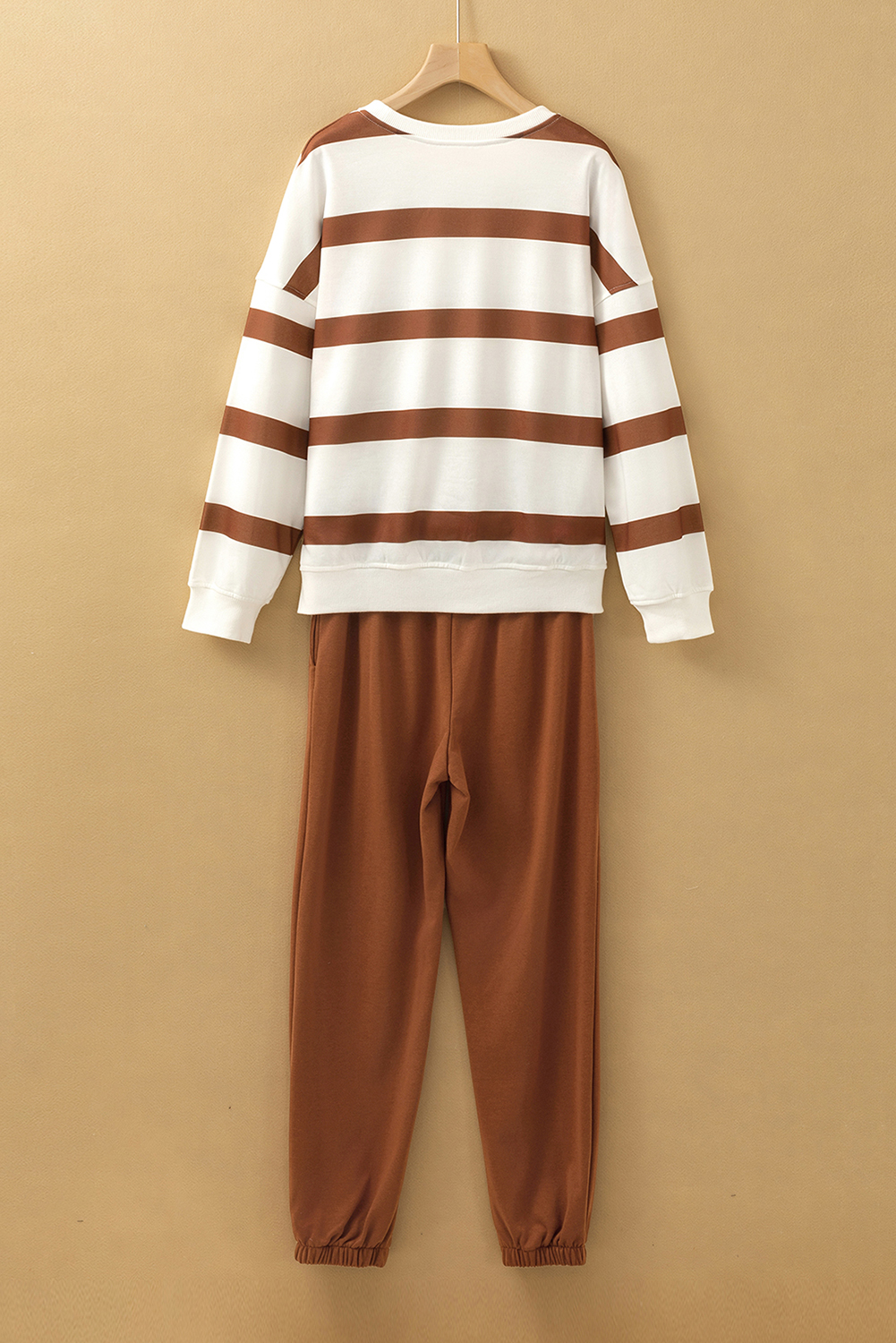 Brown Stripe Striped Drop Shoulder Pullover and Jogger Pants Set - loveforevers
