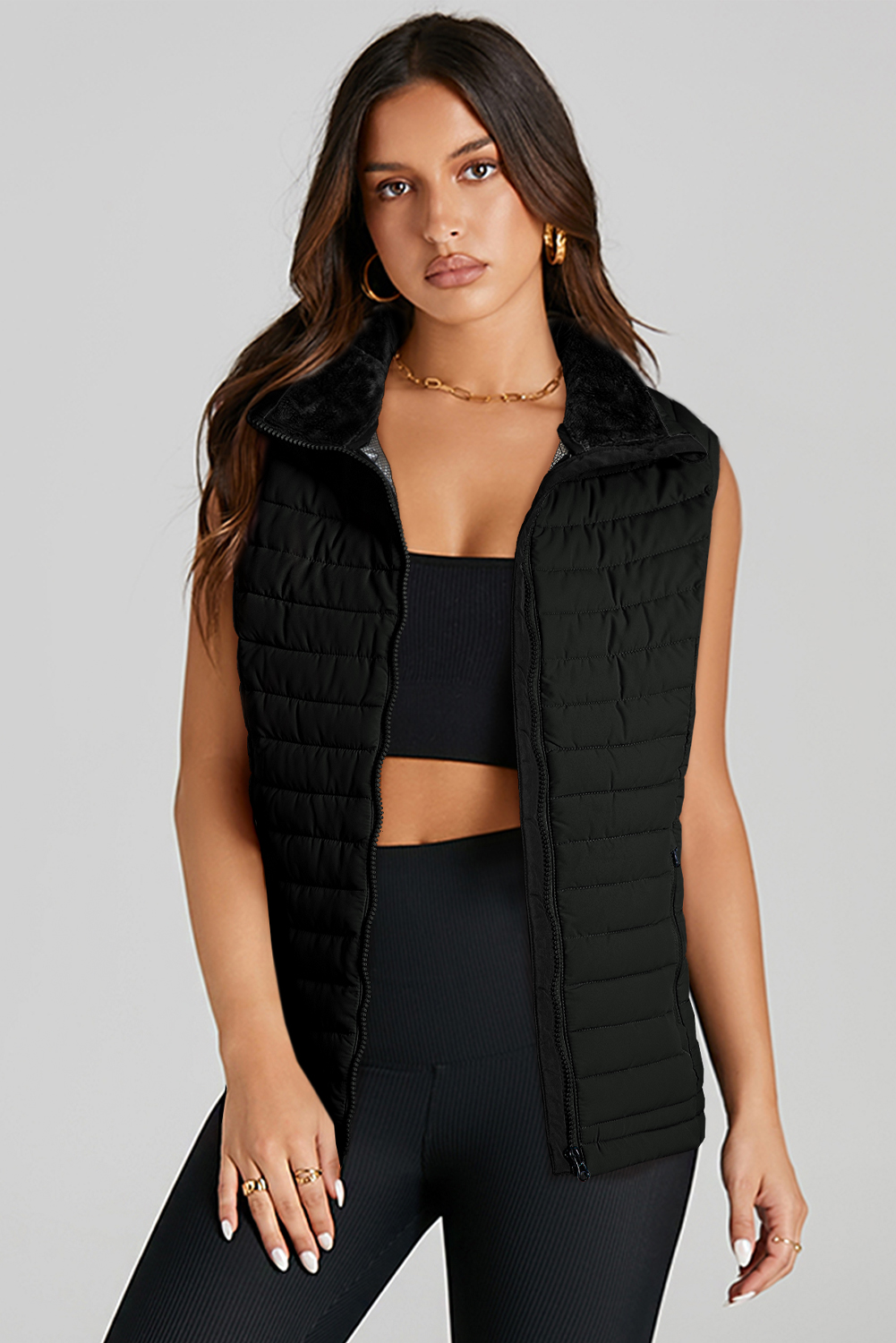 Silvery Plush Collared Quilted Zipped Puffer Vest - loveforevers