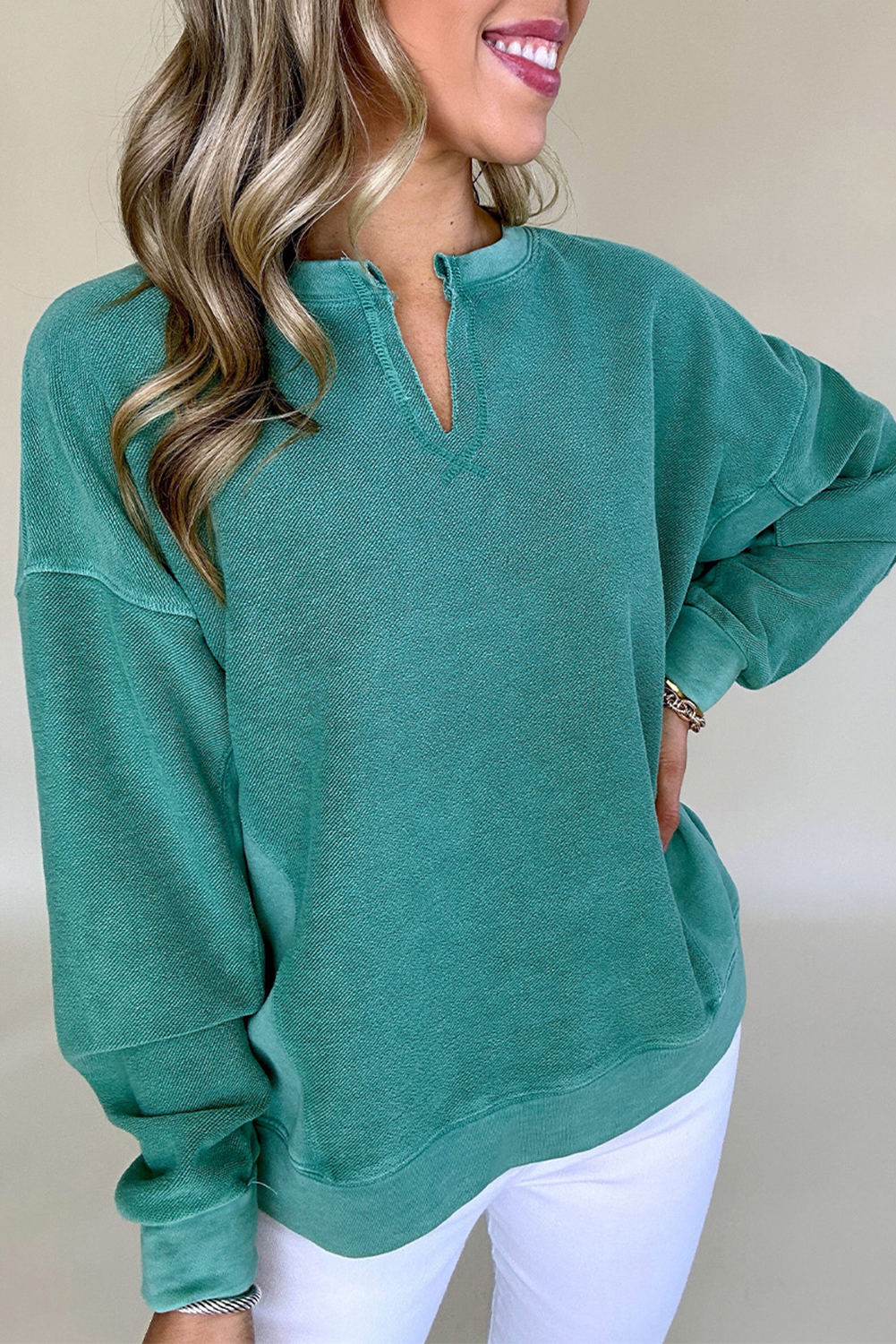 Skobeloff Solid Color Notched Neck Drop Shoulder Sweatshirt - loveforevers