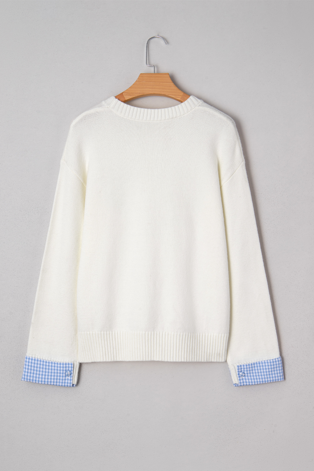 Light Pink Plaid Heart Embroidered Cuffed Drop Shoulder Crew Neck Sweater - loveforevers
