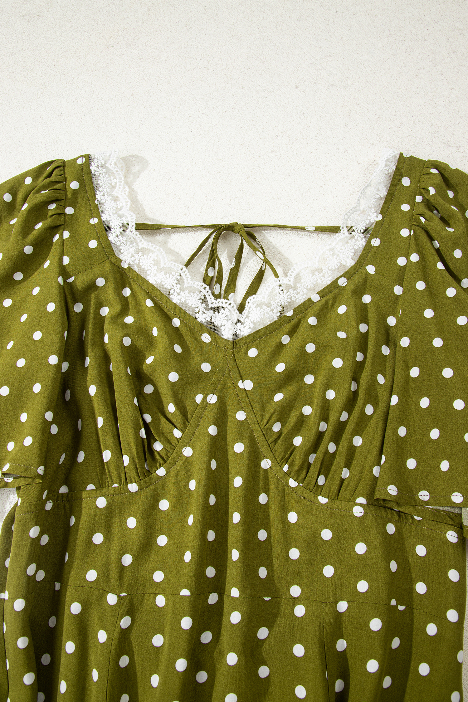 Green Polka Dot Print Lacy Neckline Smocked High Waist Maxi Dress - loveforevers