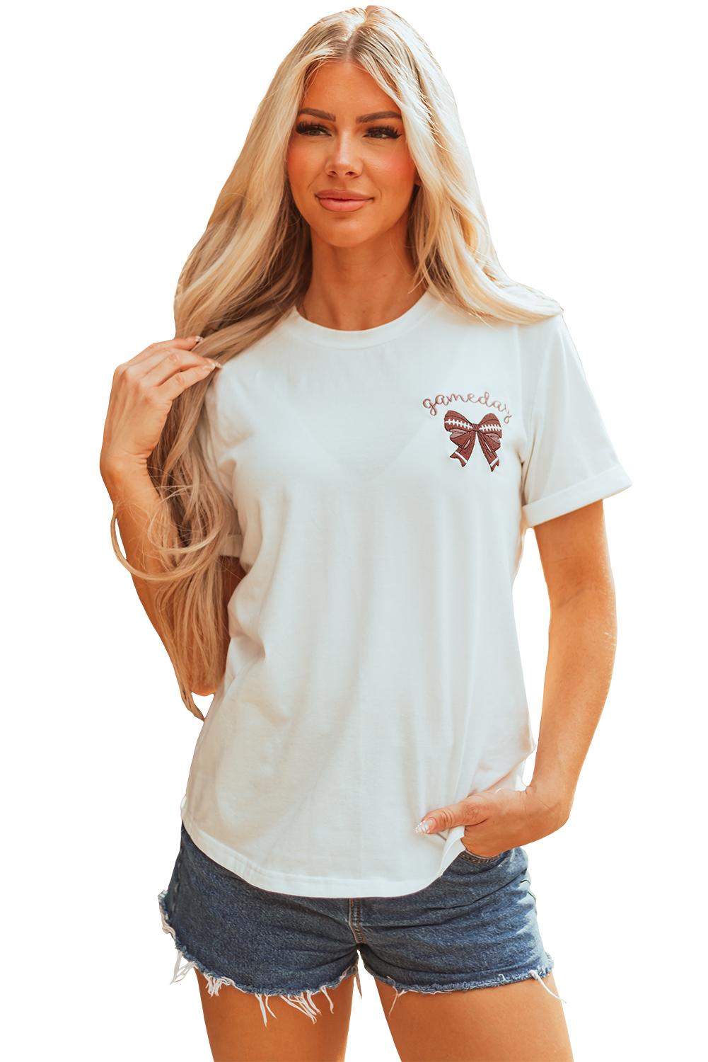 White Game Day Bowknot Embroidered Graphic Casual Tee - loveforevers