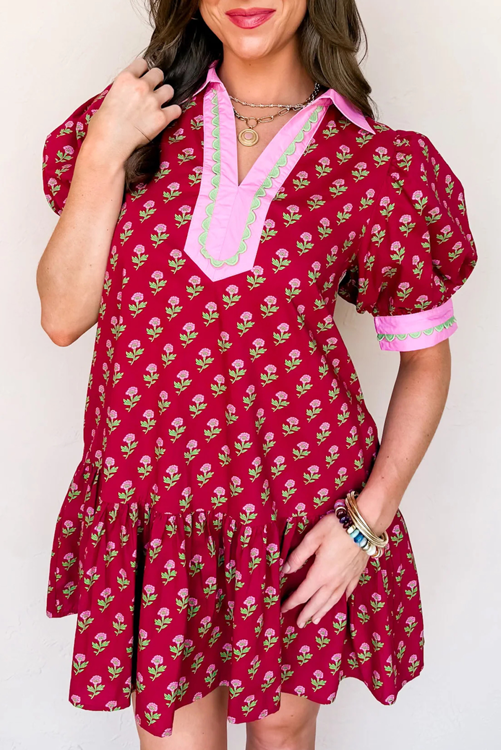 Red Floral Print Contrasted V Neck Short Bubble Sleeve Mini Dress - loveforevers