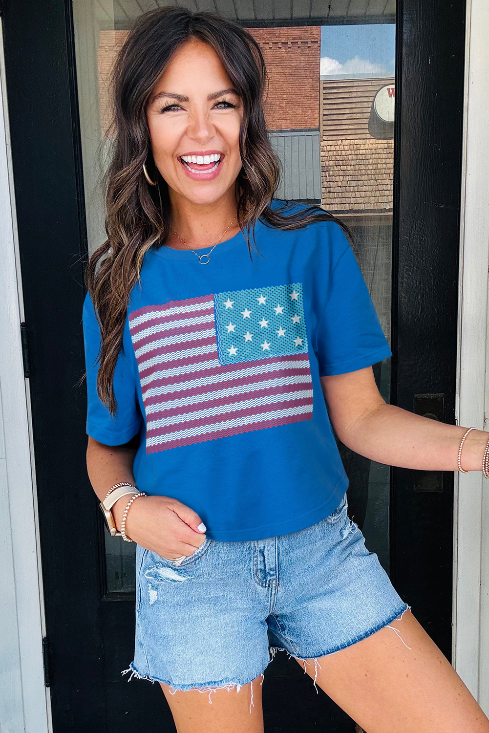 Real Teal American Flag Pattern Crewneck Tee - loveforevers
