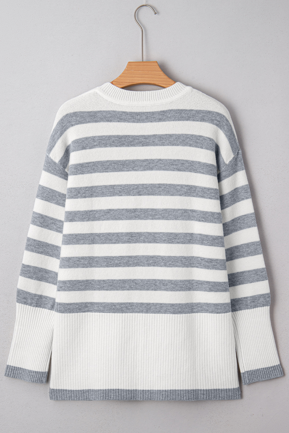 Gray Stripe Ribbed Buttoned Detail Drop Shoulder Tunic Sweater - loveforevers