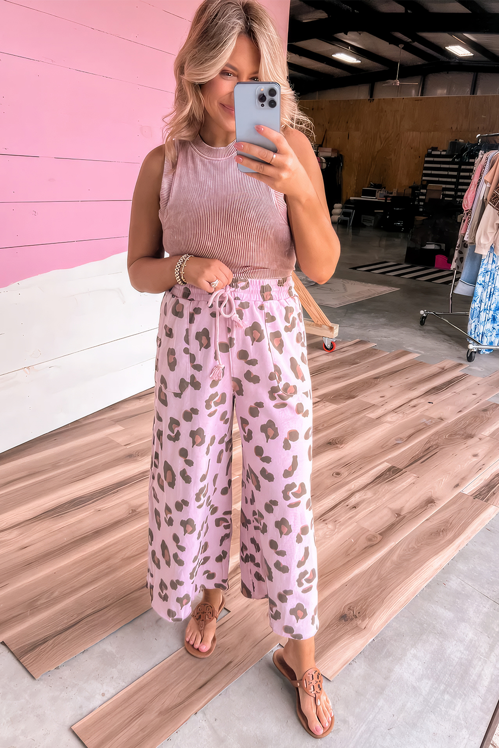 Beige Drawstring Leopard Print Patch Pocket Loose Pants - loveforevers