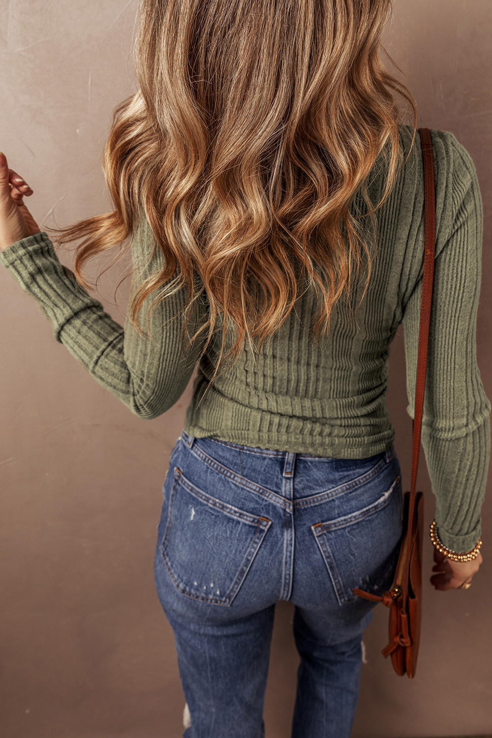 Jungle Green Ribbed Knit Half Button Slim Fit Blouse - loveforevers