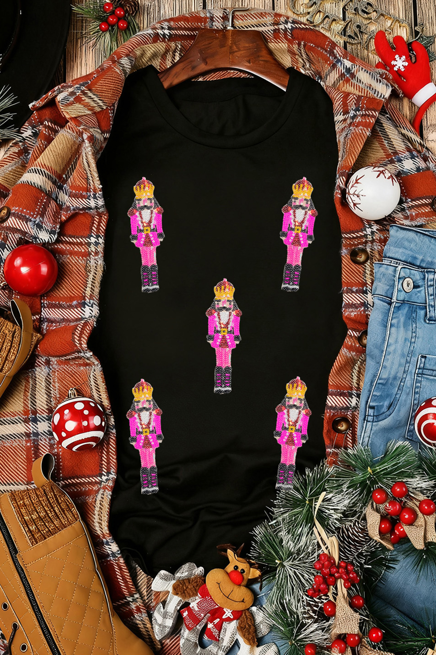 Black Sequin Patched Christmas Nutcracker Casual T Shirt - loveforevers