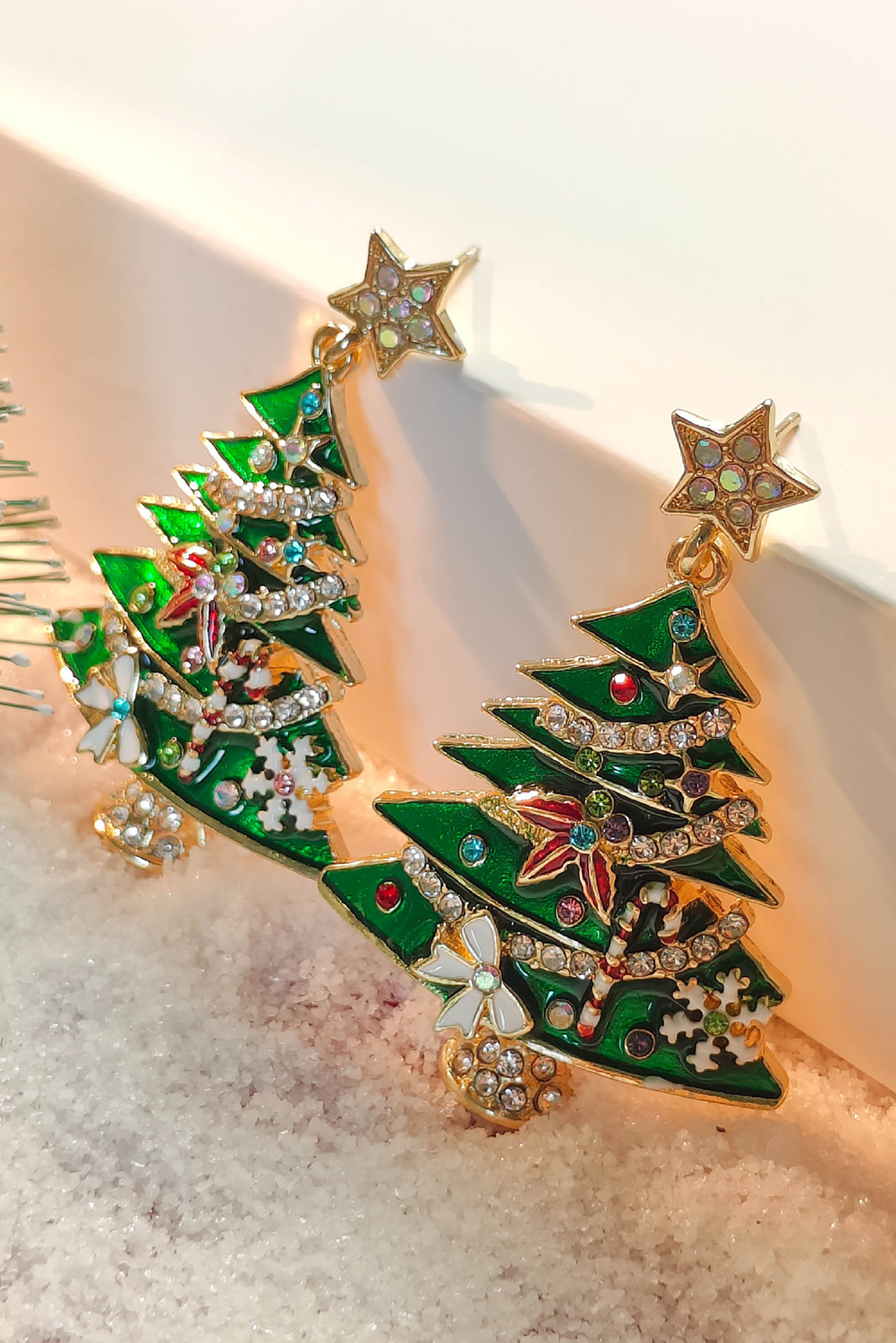 Bright Green Rhinestone Embellished Star Christmas Tree Earrings - loveforevers