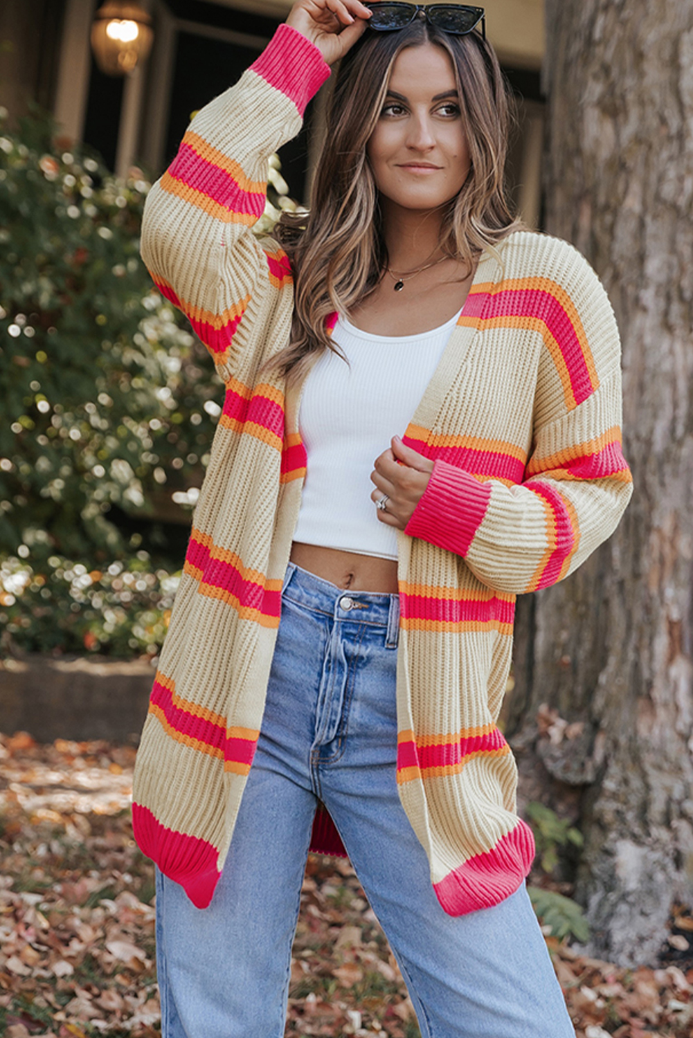 Stripe Printed Ribbed Long Knitted Cardigan - loveforevers