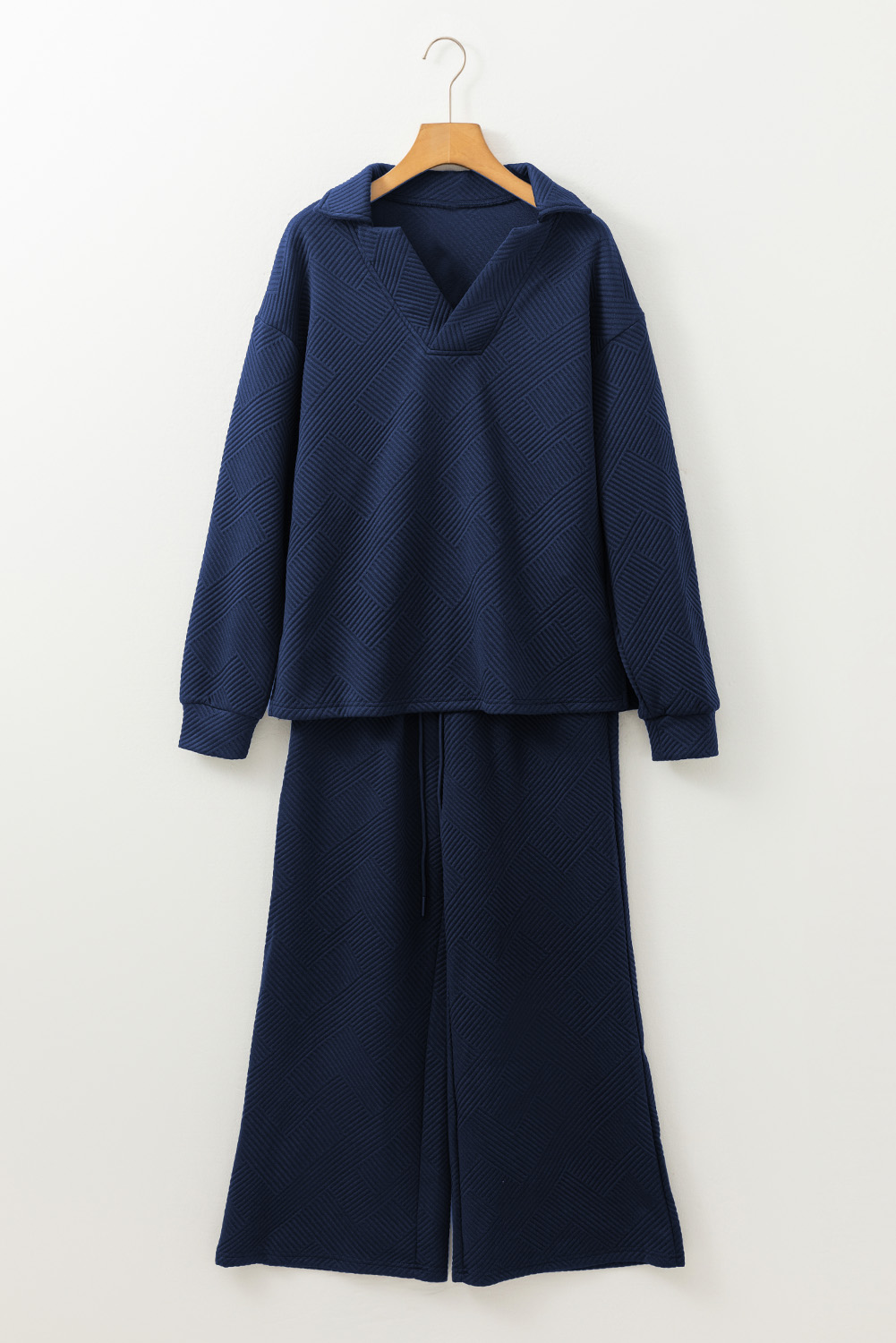 Sail Blue Solid Textured Collared V Neck Top and Wide Leg Pants Set - loveforevers