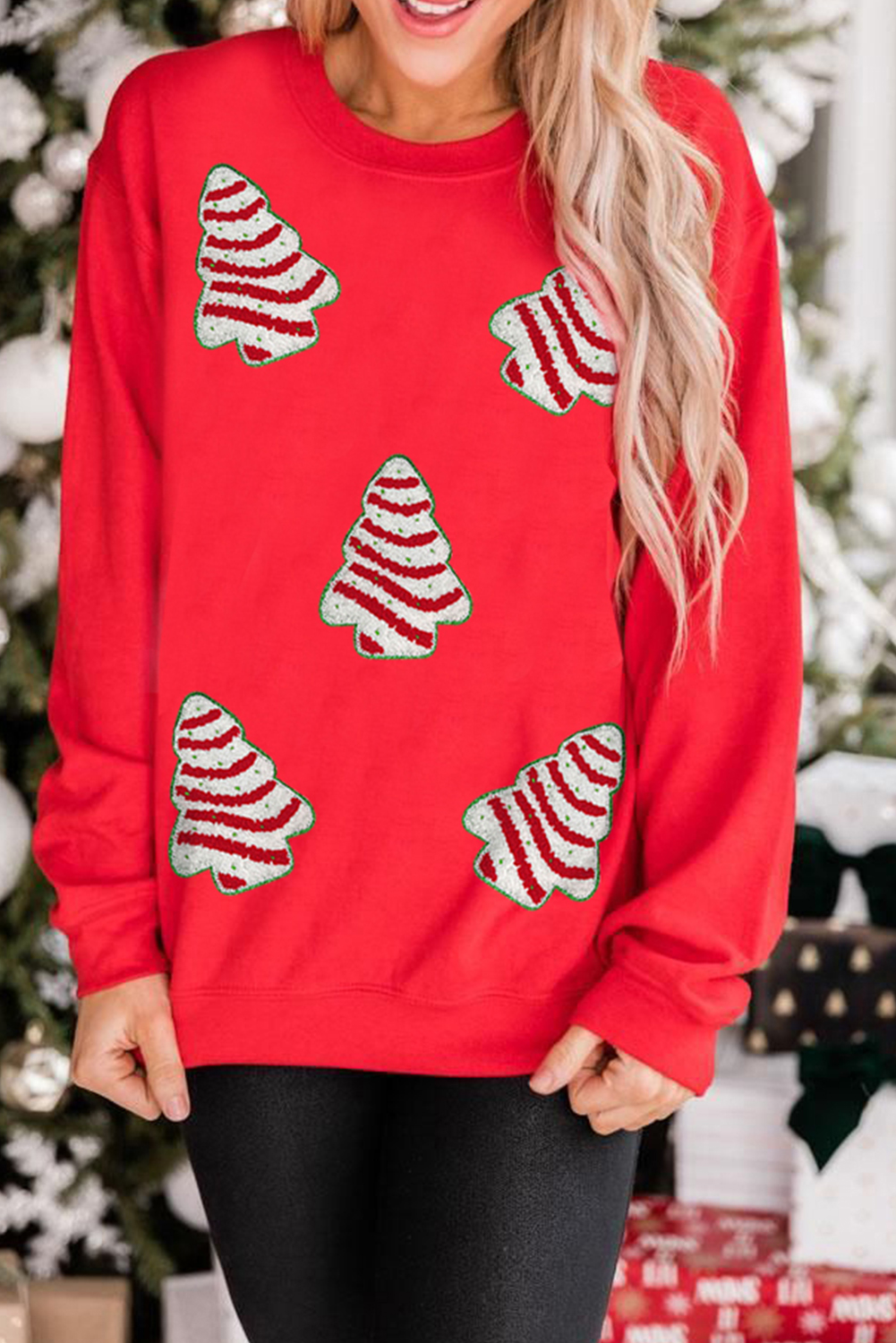 Red Playful Christmas Tree Patched Dropped Shoulder Sweatshirt - loveforevers