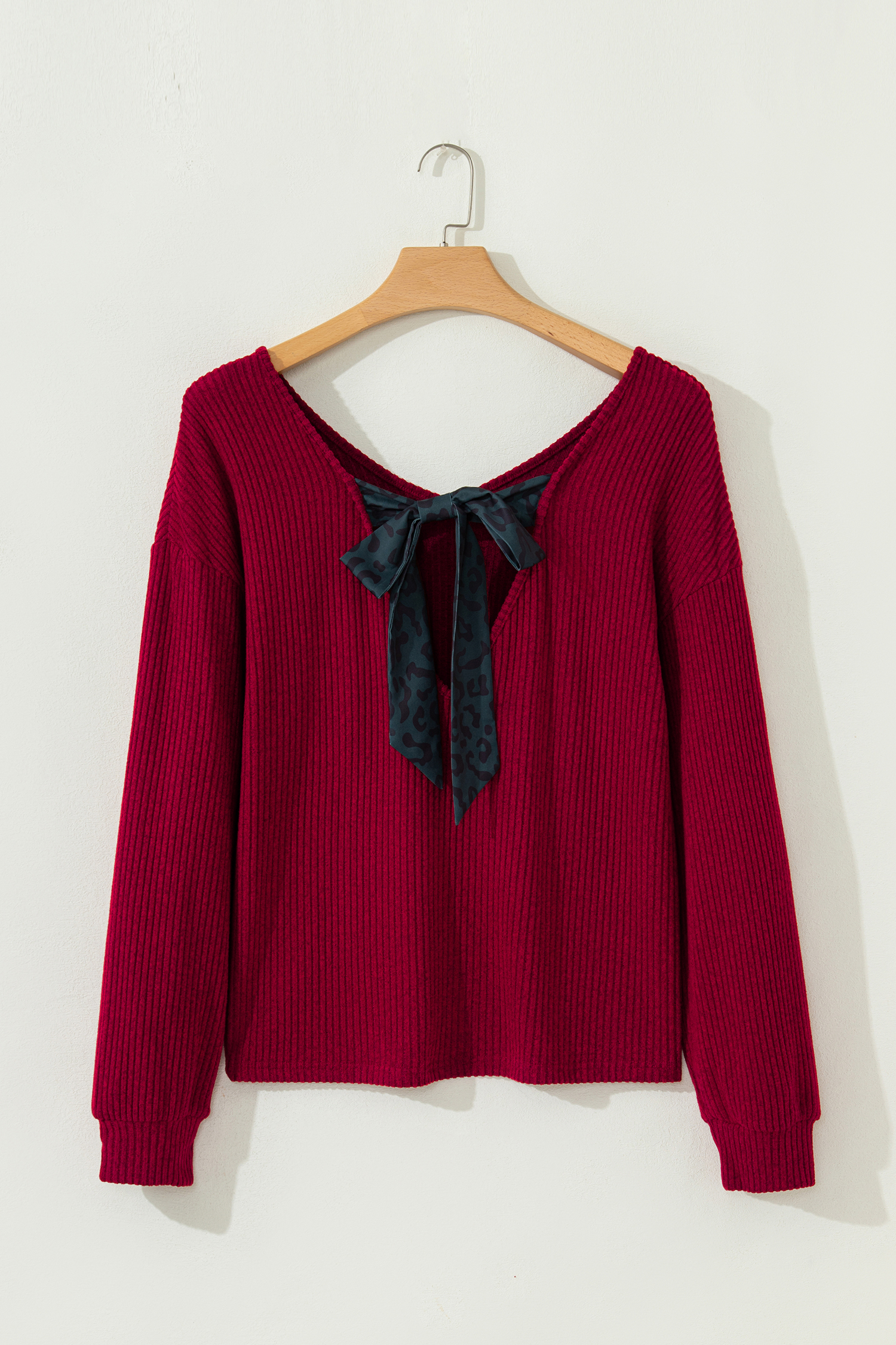 Racing Red Ribbed V Neck Contrast Ribbon Bow Back Drop Shoulder Long Sleeve Top - loveforevers