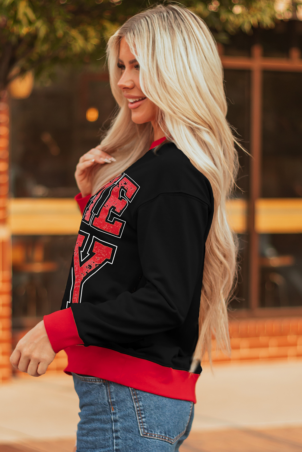 Black GAME DAY Letter Graphic Varsity Striped Detail Baggy Sweatshirt - loveforevers