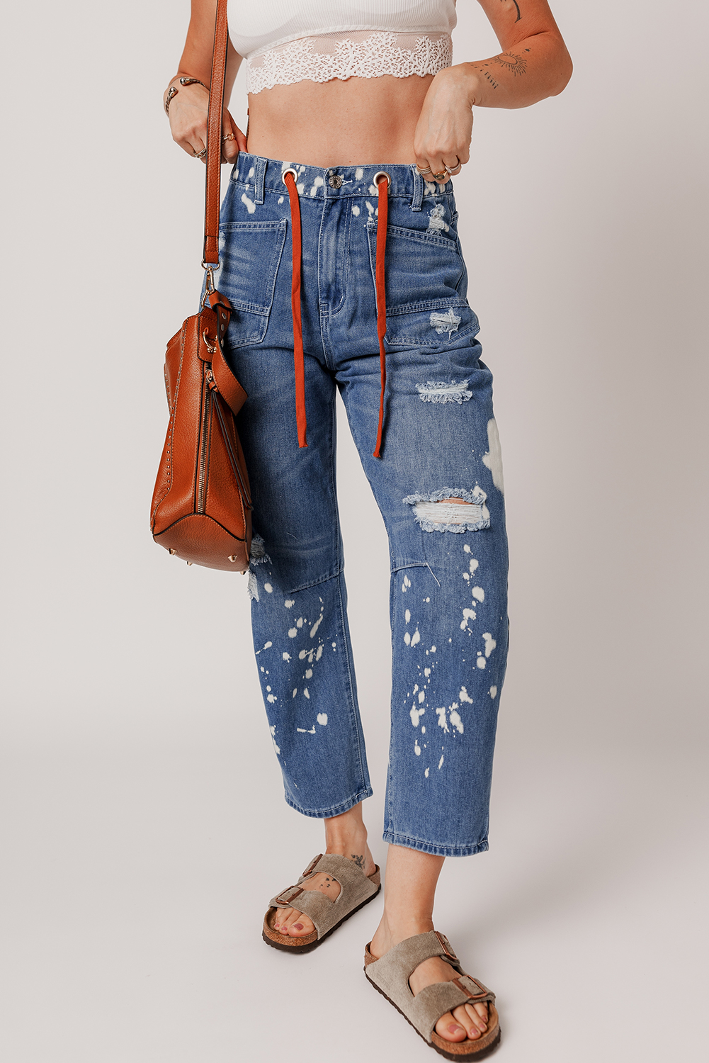 Ashleigh Blue Ripped Splattering Paint Rope Waist Cropped Straight Jeans - loveforevers