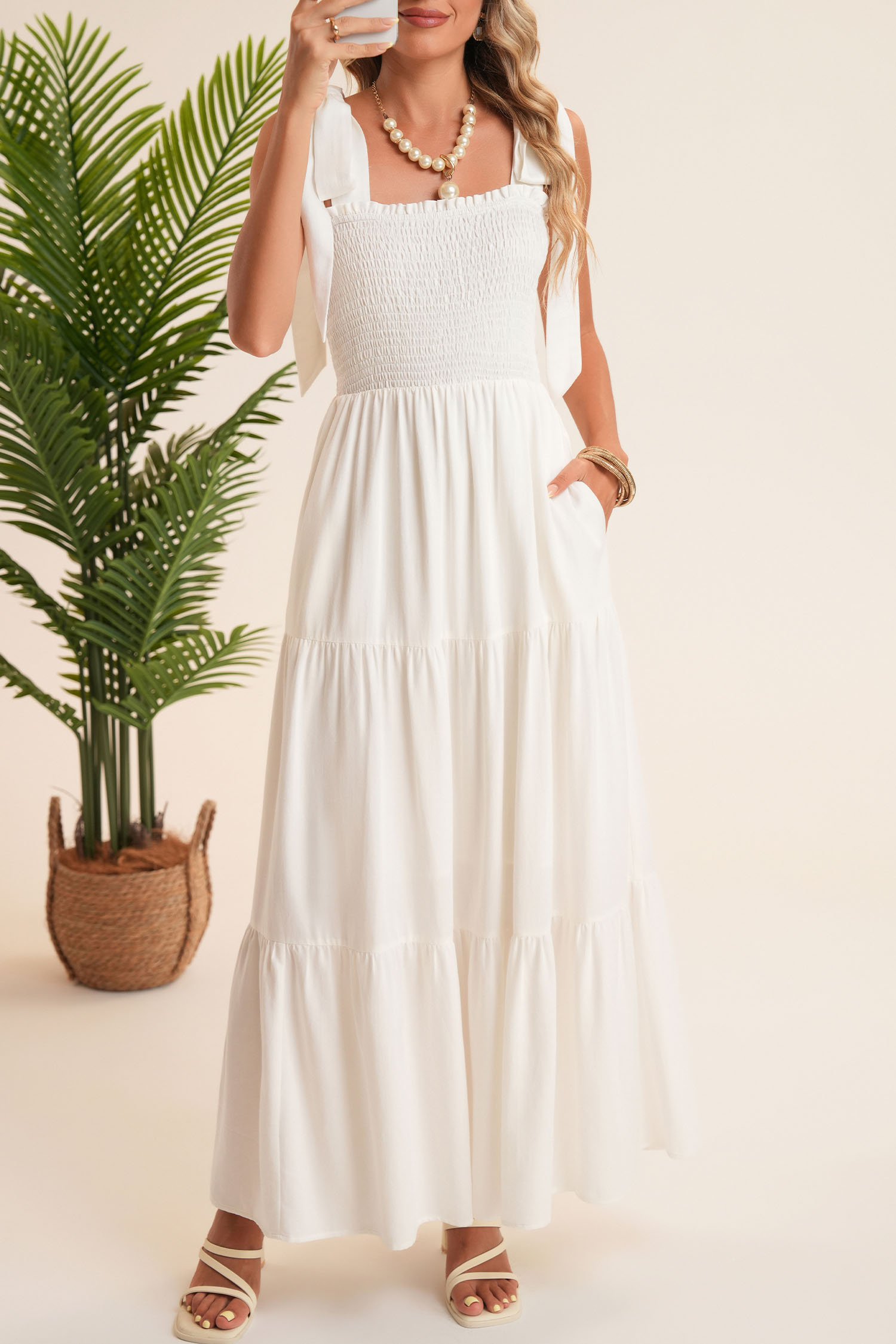 White Customizable Knot Straps Smocked Bodice Tiered Blank Maxi Dress - loveforevers