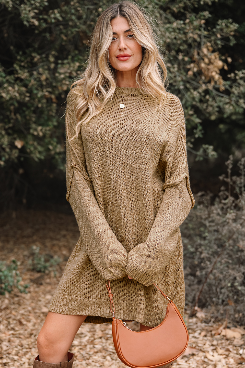 Pale Khaki Oversize Drop Shoulder Slouchy Sweater Dress - loveforevers