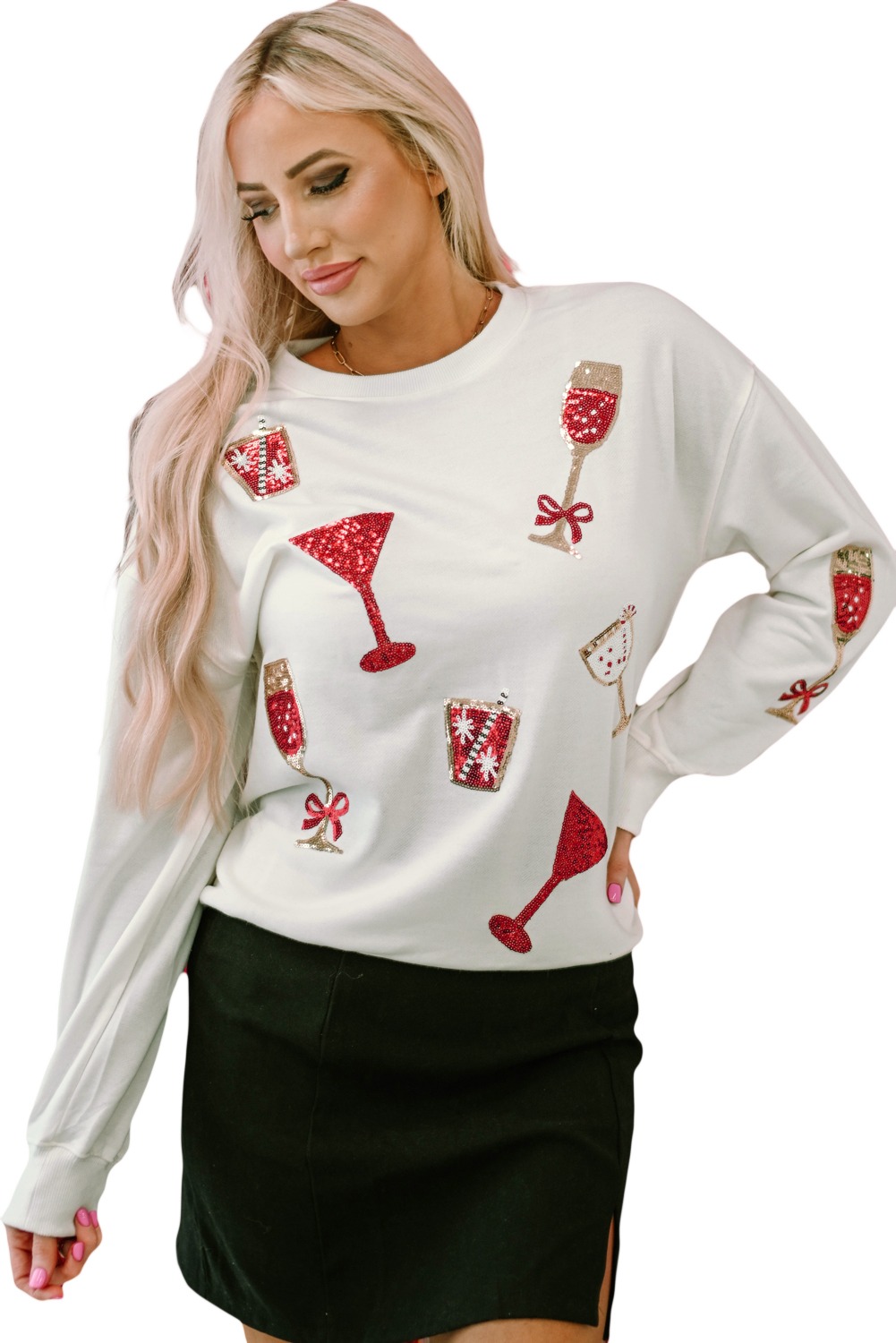 Beige Sequin Cheers Wineglasses Christmas Sweatshirt - loveforevers