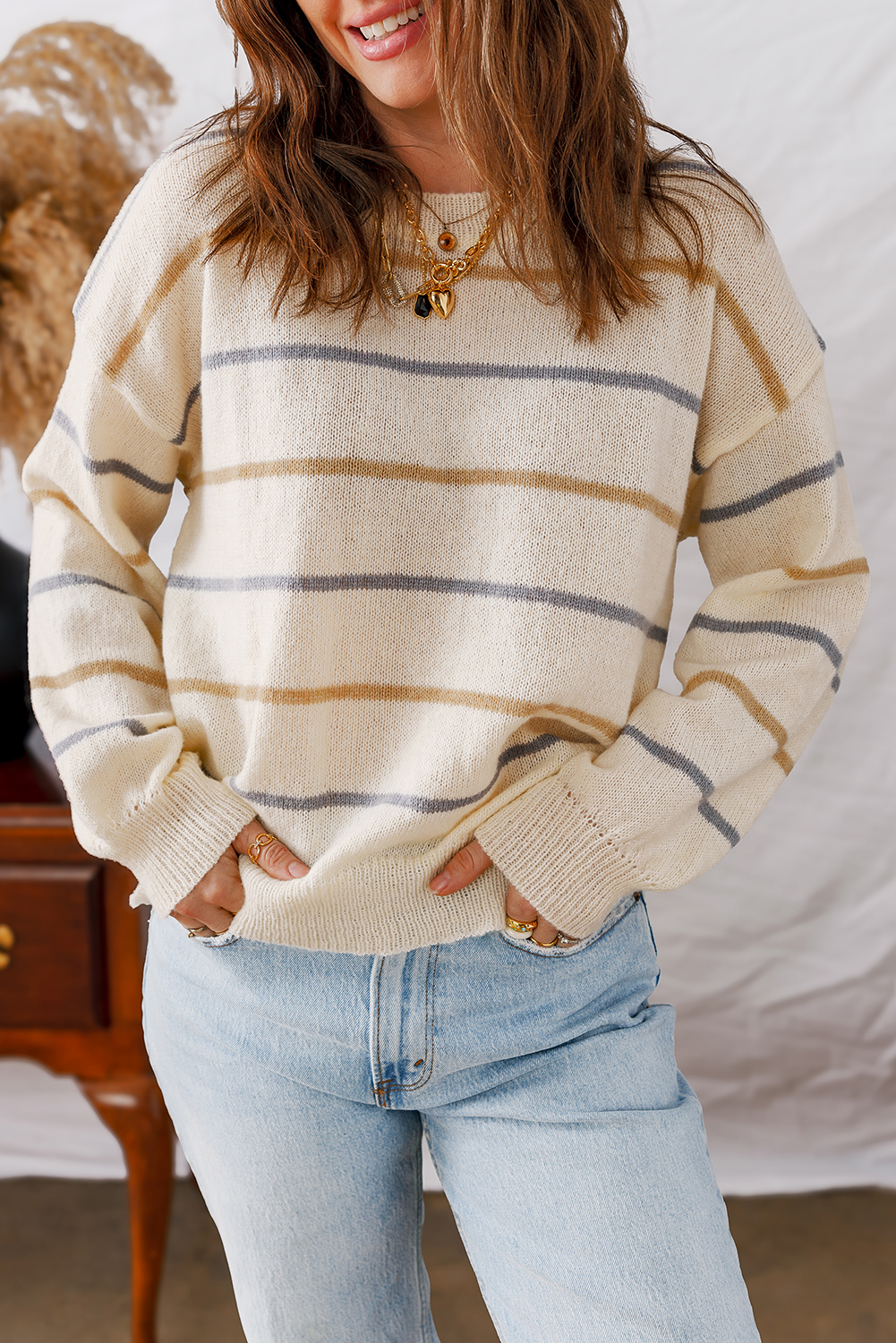 Multicolour Striped Buttoned Front V Neck Drop Shoulder Cardigan Sweater - loveforevers