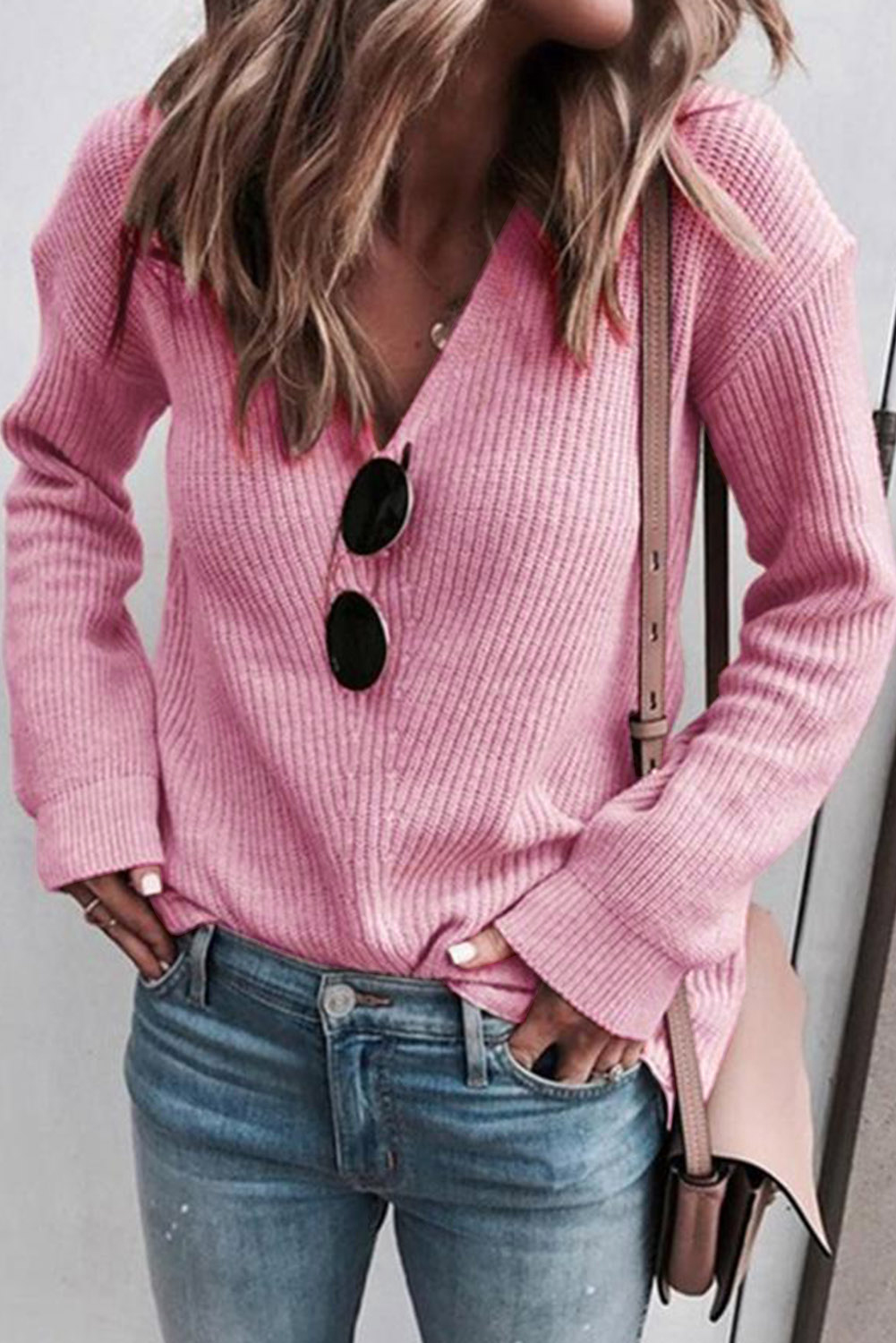 Pink Ribbed Knit V Neck Sweater - loveforevers