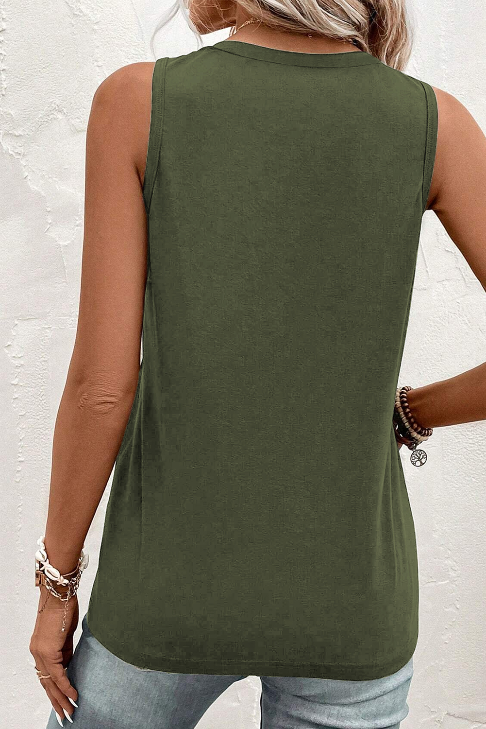 Jungle Green Half Button V Neck Patched Pocket Tank Top - loveforevers