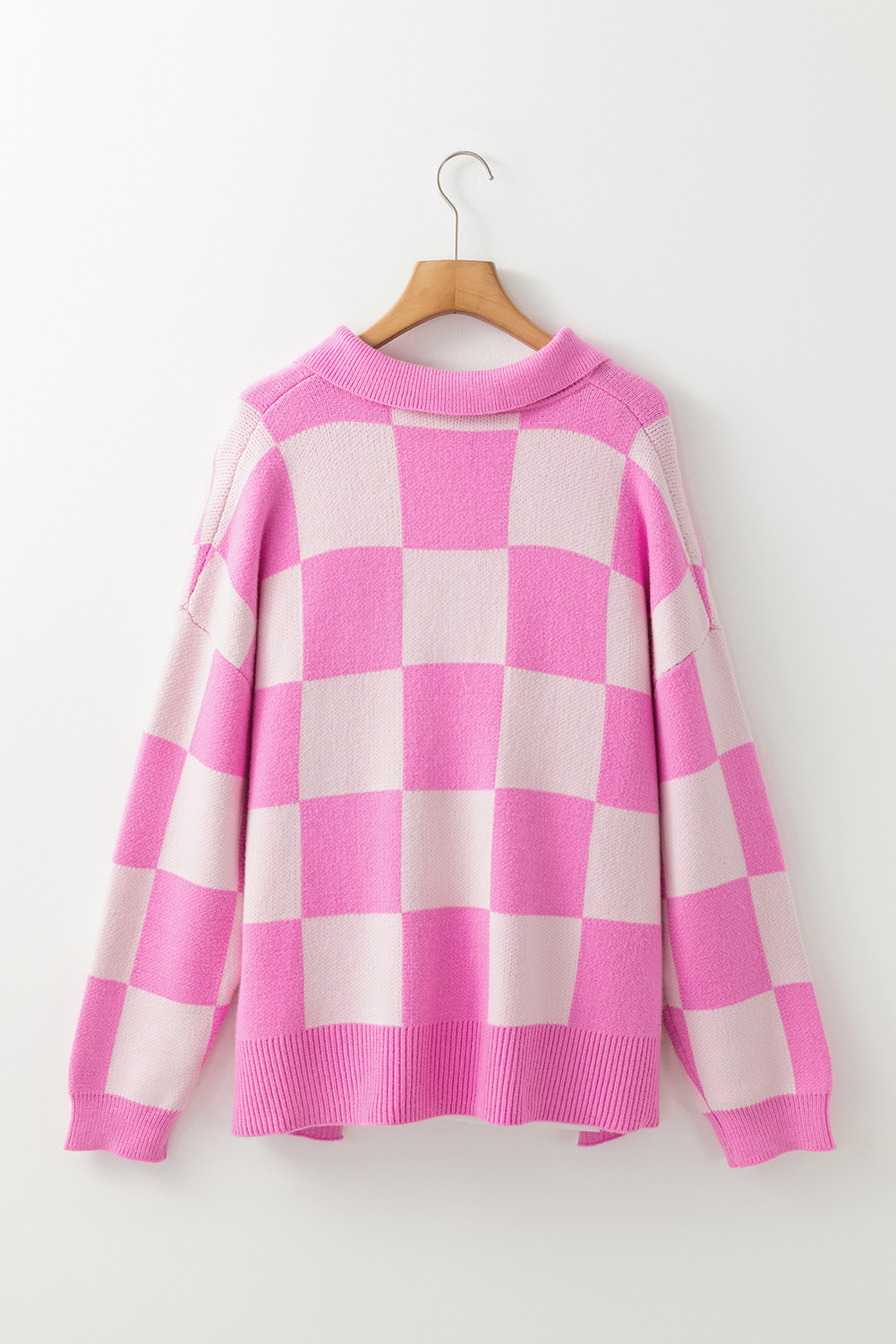 Pink Checkerboard Half Button Collared Drop Shoulder Sweater - loveforevers