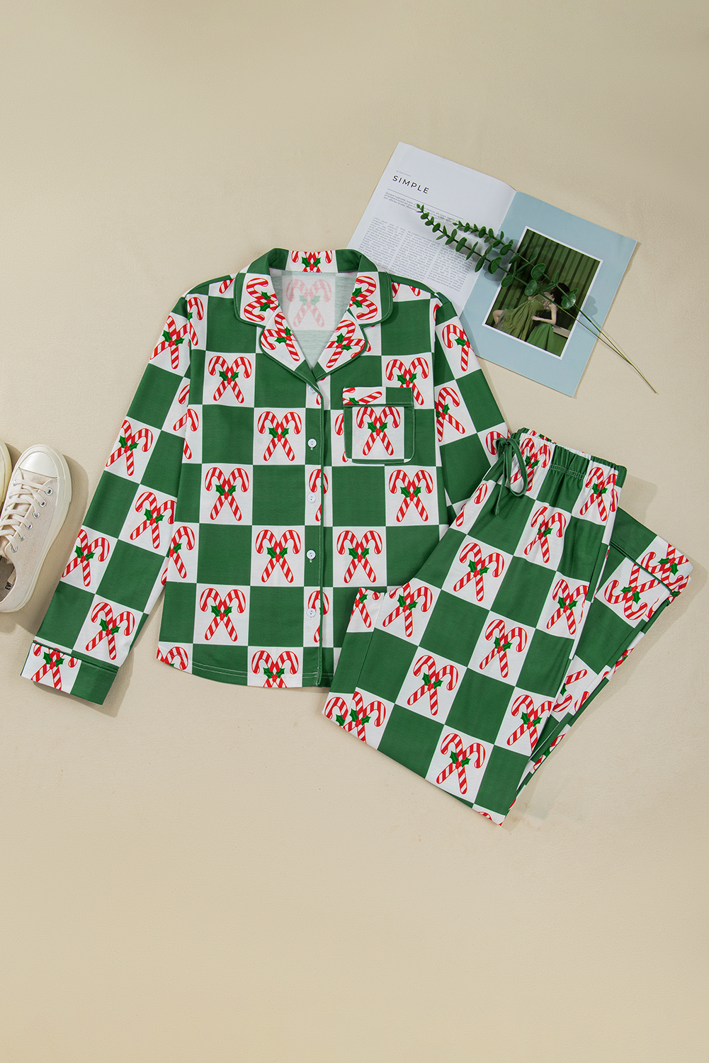 Green Holly Jolly Checkered Pattern 2pcs Long Pajama Set - loveforevers