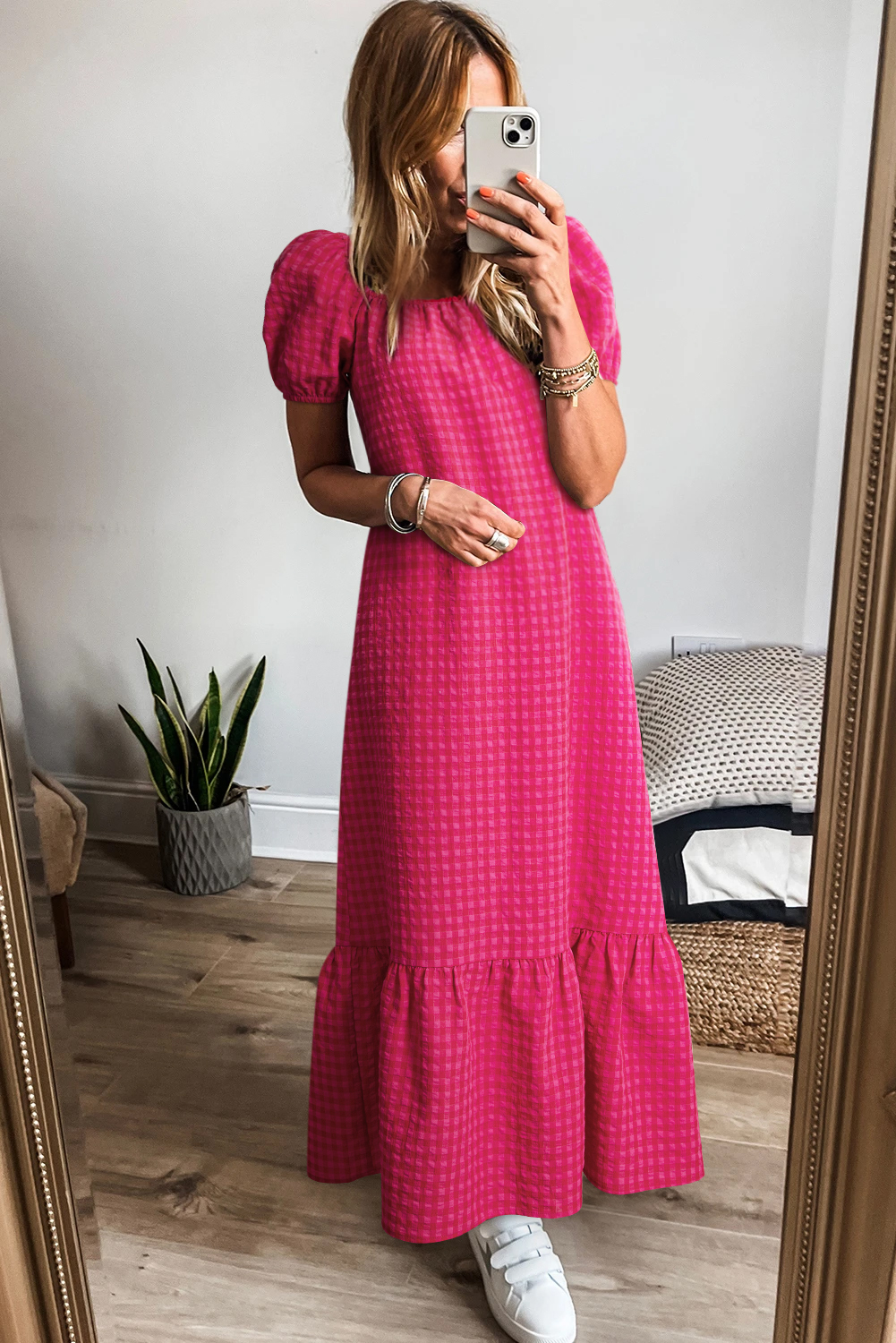 Rose Ginham Check Bubble Sleeve Ruffled Maxi Dress - loveforevers