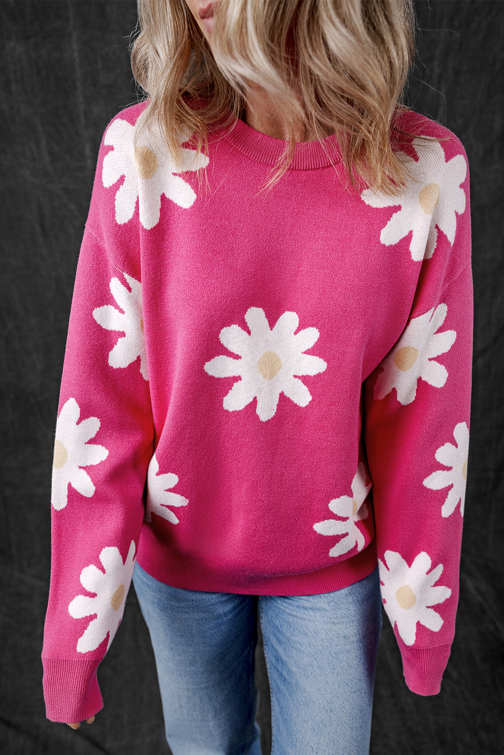 Bright Pink Daisy Flower Crew Neck Long Sleeve Sweater - loveforevers