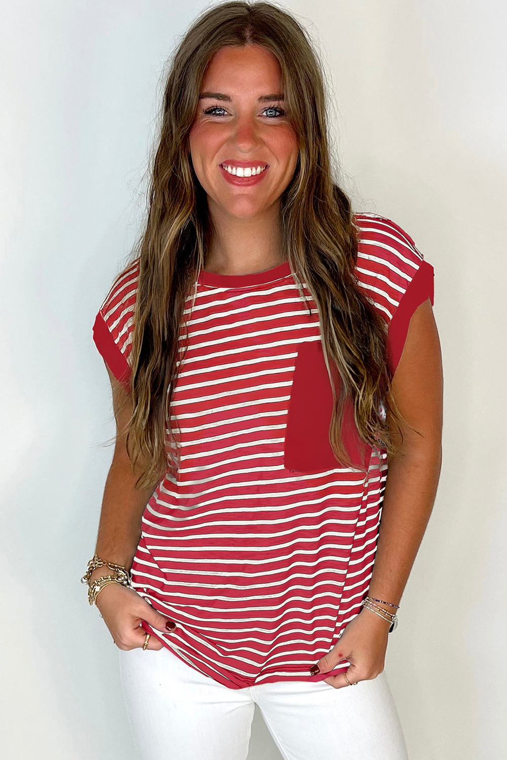 Red Stripe Chest Pocket Patch Round Neck Tank Top - loveforevers