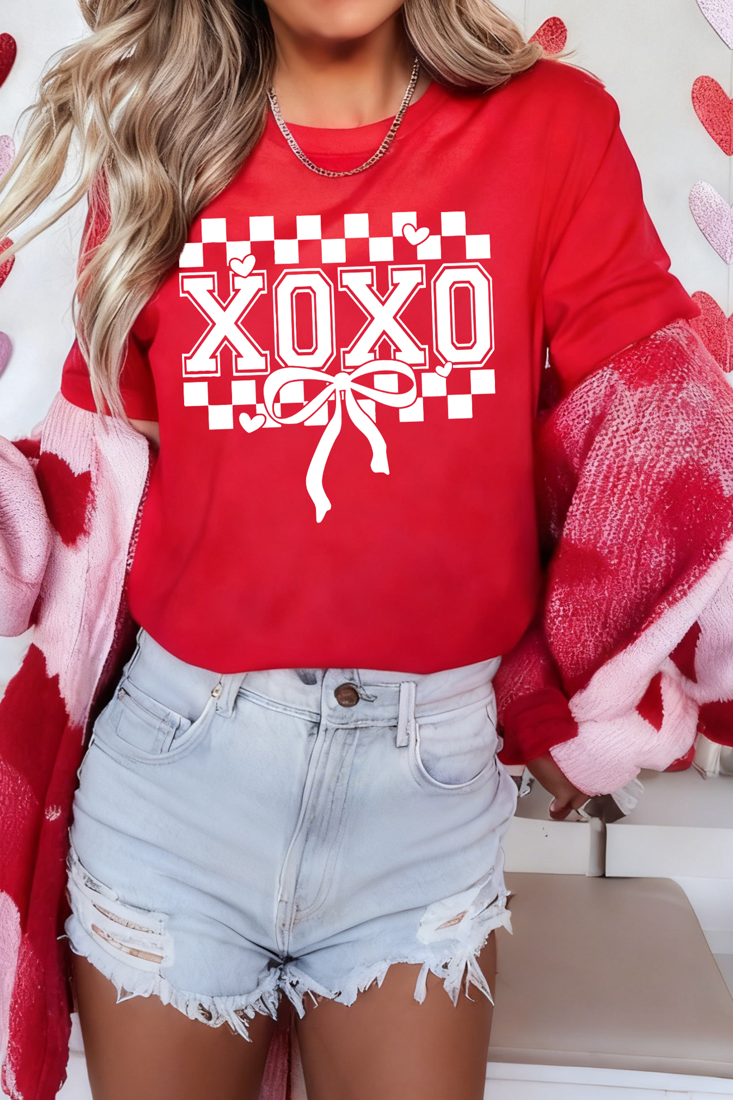 Red XOXO Checkered Ribbon Bow Print Valentines Day T Shirt - loveforevers
