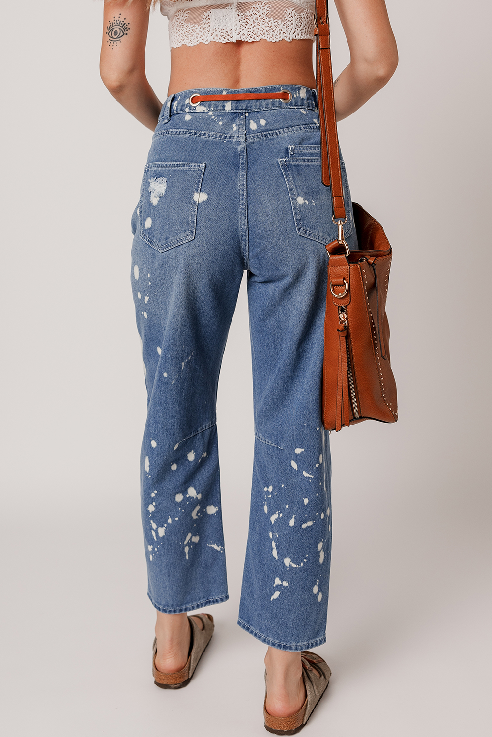Ashleigh Blue Ripped Splattering Paint Rope Waist Cropped Straight Jeans - loveforevers