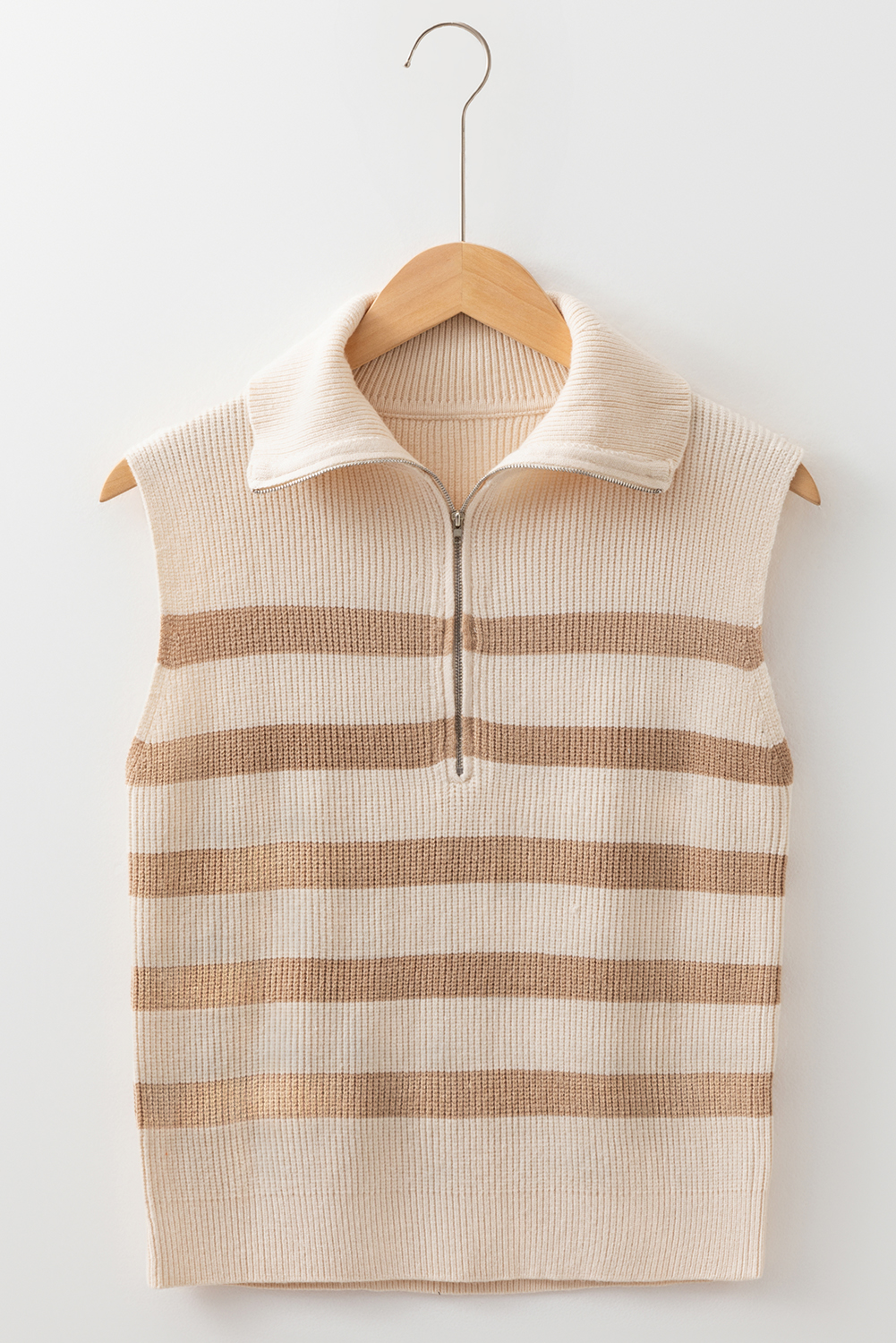 Khaki Stripe Ribbed Half Zip Collared Sweater Vest - loveforevers