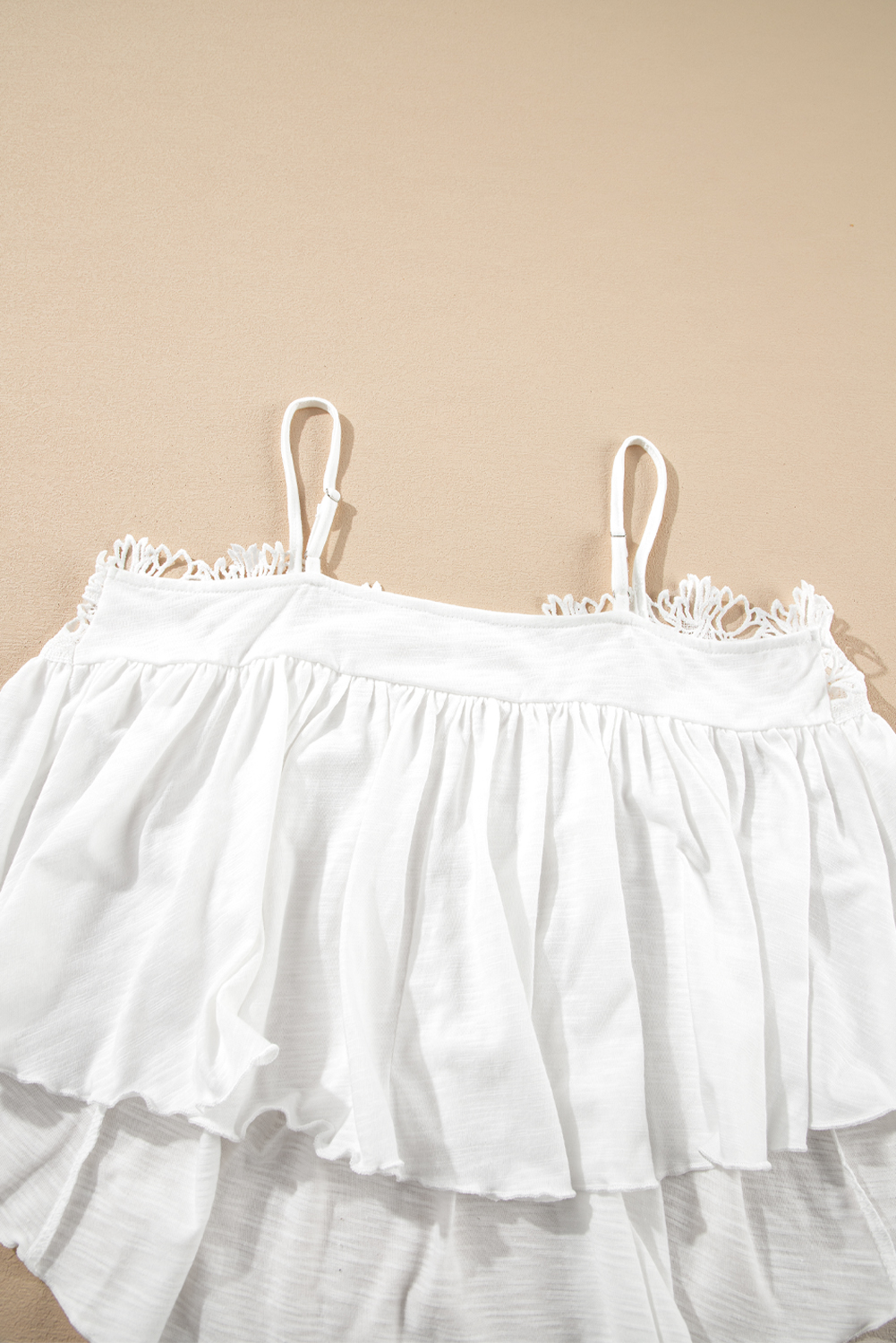 White Lace Splicing Spaghetti Straps Ruffle Flared Tank Top - loveforevers