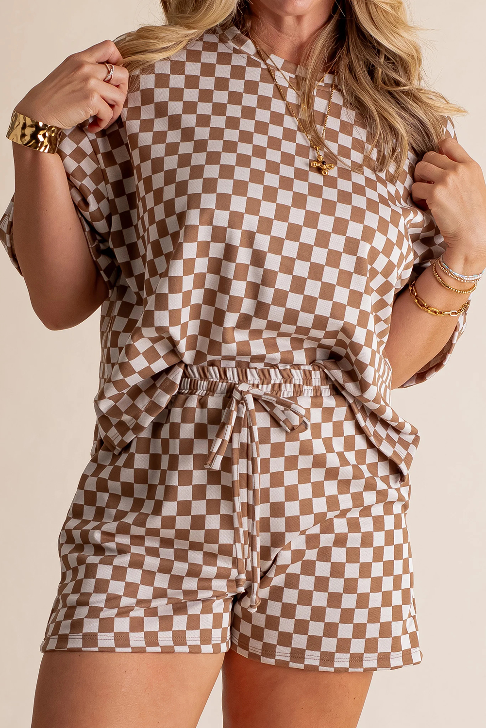 Brown Plus Size Checkerboard Print Side Slim Tee Shorts Set - loveforevers
