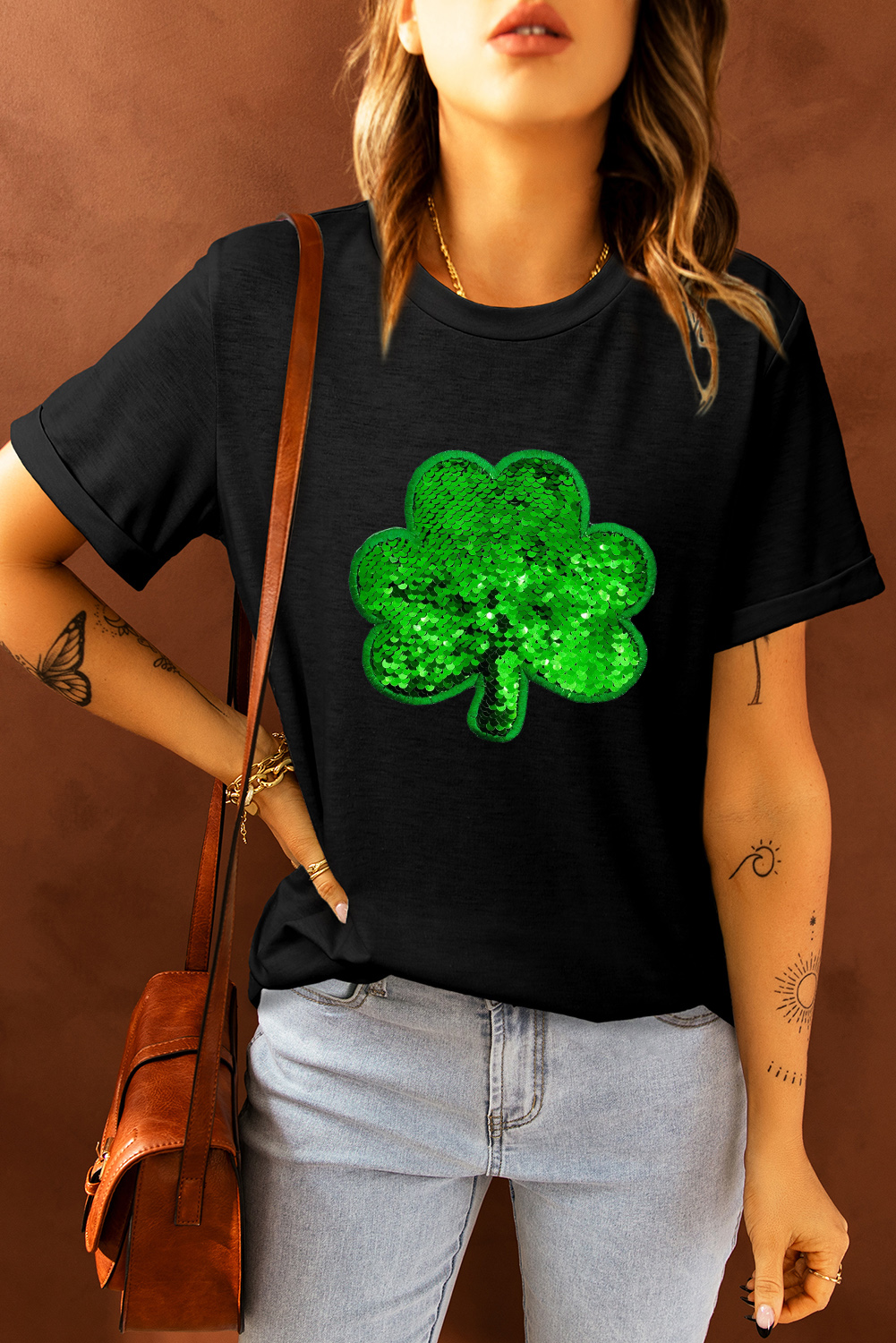 Black St. Patricks Lucky Clover Print O Neck T Shirt - loveforevers