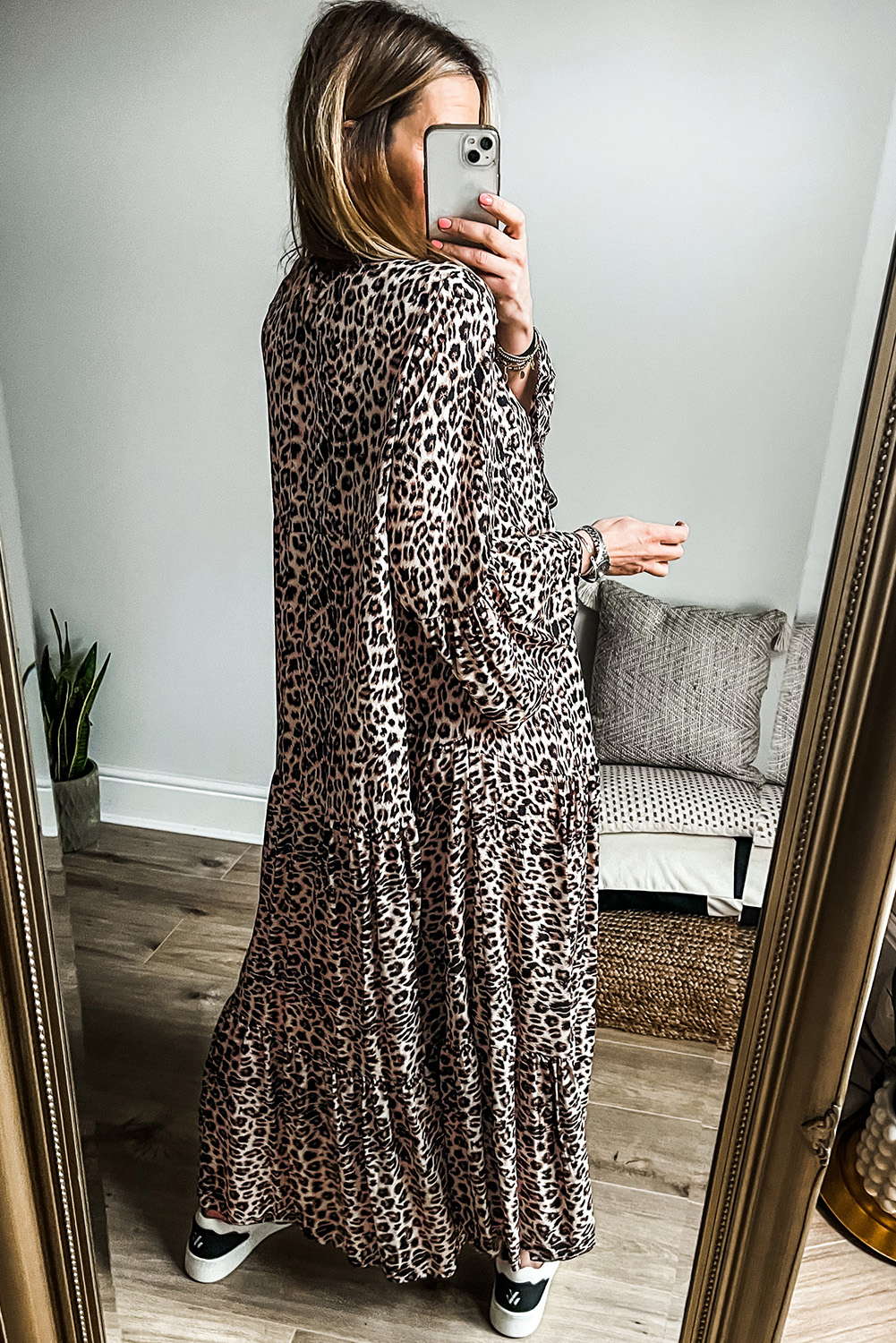 Apricot Leopard Print Tiered Wide Sleeve Maxi Dress - loveforevers