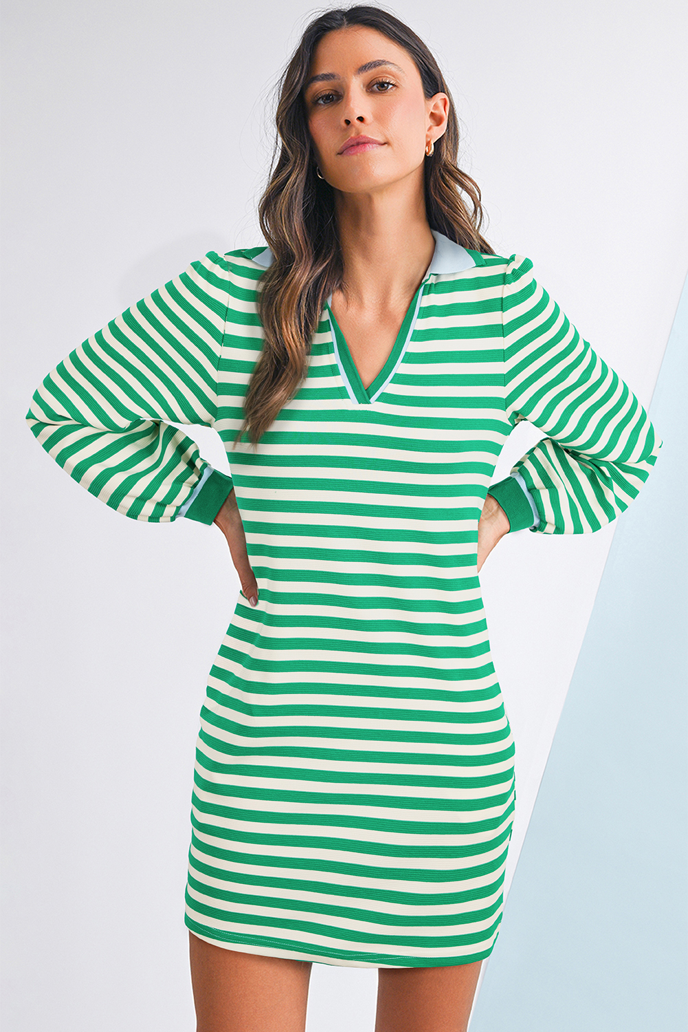 Green Striped Contrast Collar Split Neck Long Sleeve Mini Dress - loveforevers