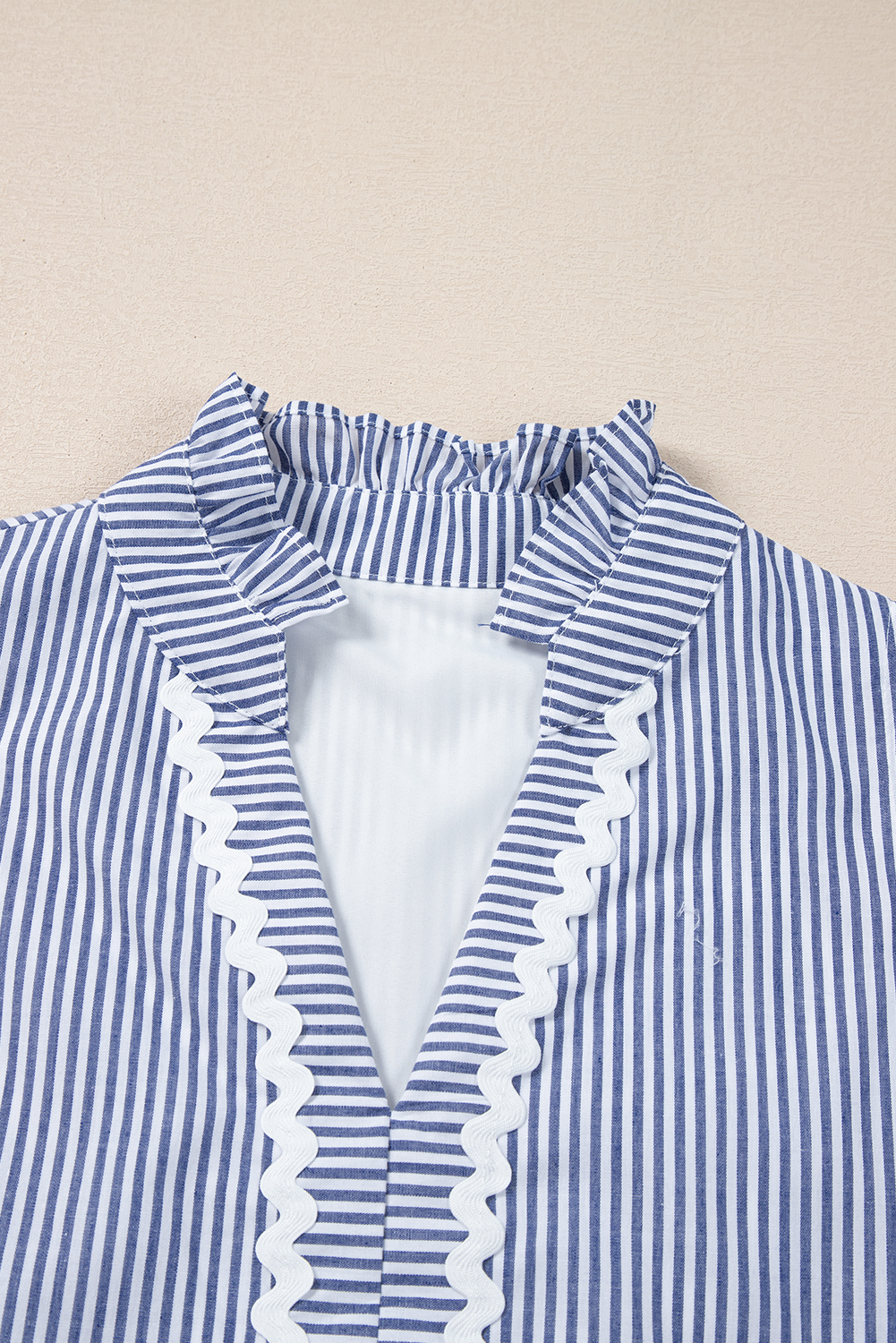Blue Stripe Sleeveless Notched V Neck Contrast Ric Rac Mini Dress - loveforevers