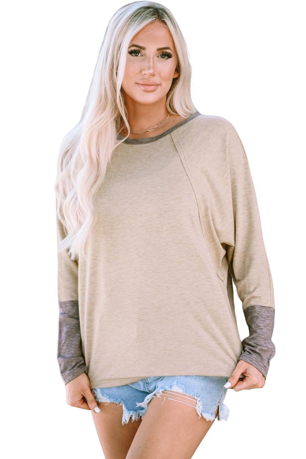 Khaki Contrast Cuffs Batwing Sleeve Loose Top - loveforevers