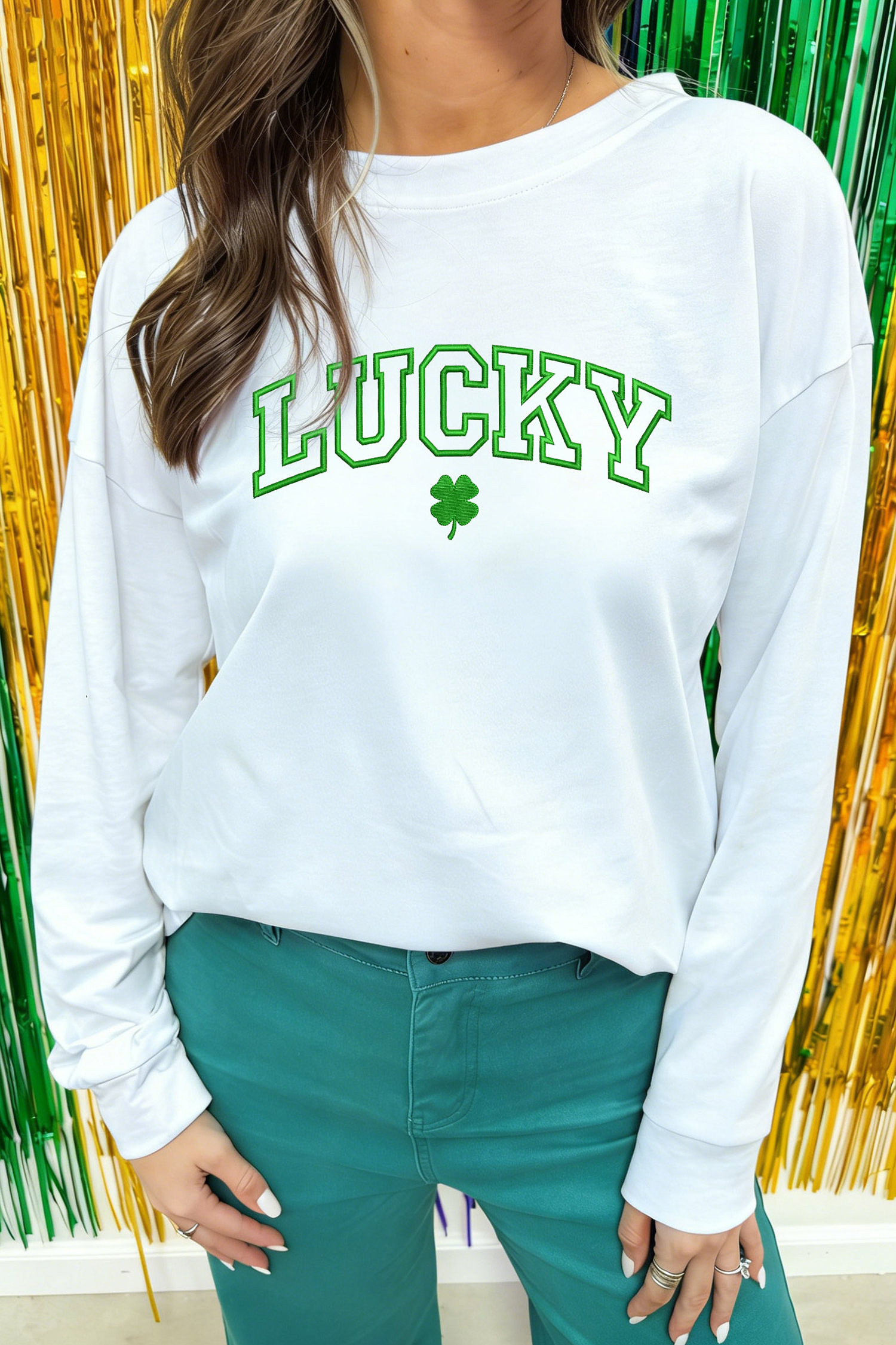 White LUCKY Clover Embroidered Long Sleeve Top - loveforevers