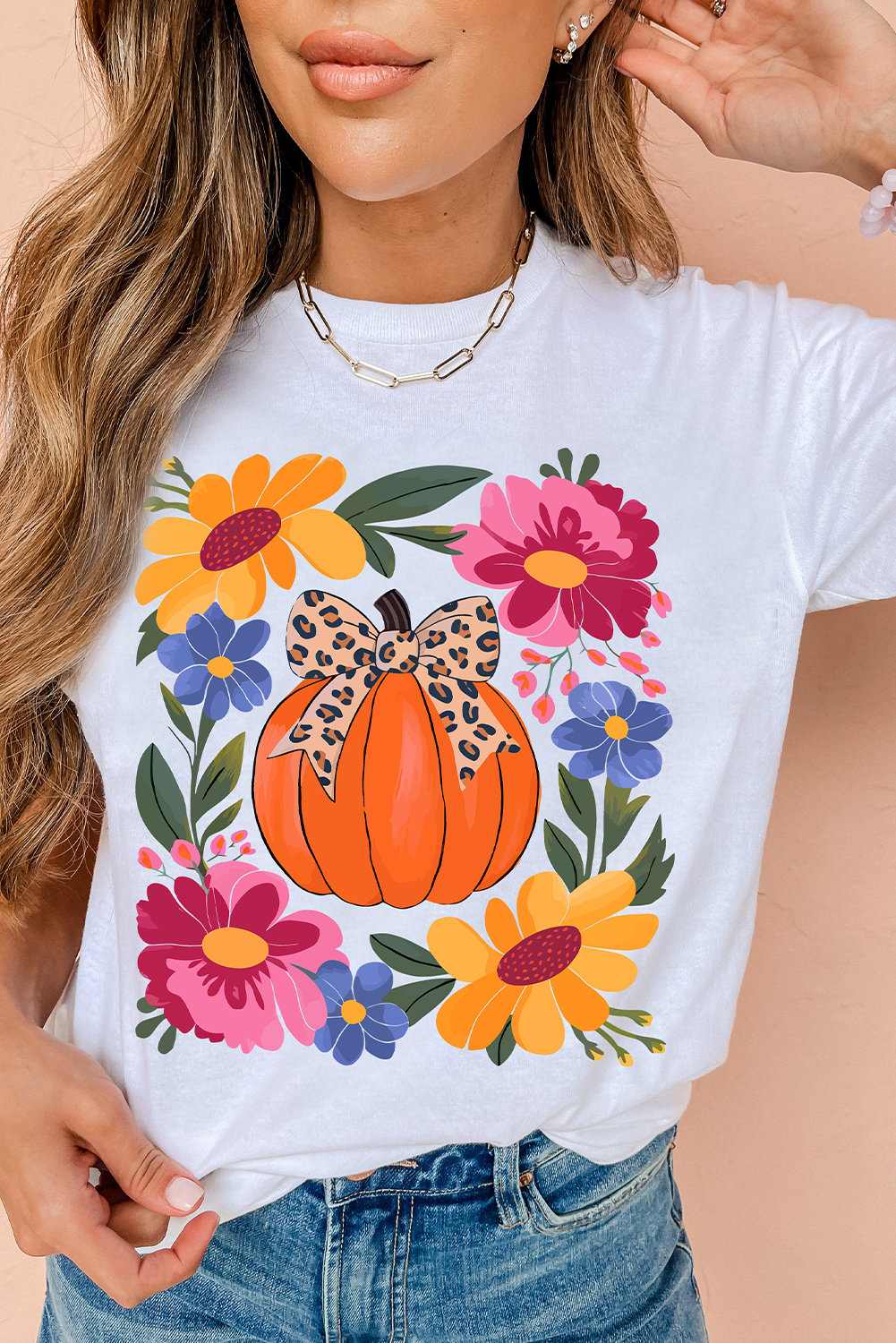 White Pumpkin Floral Graphic Thanksgiving Holiday T Shirt - loveforevers