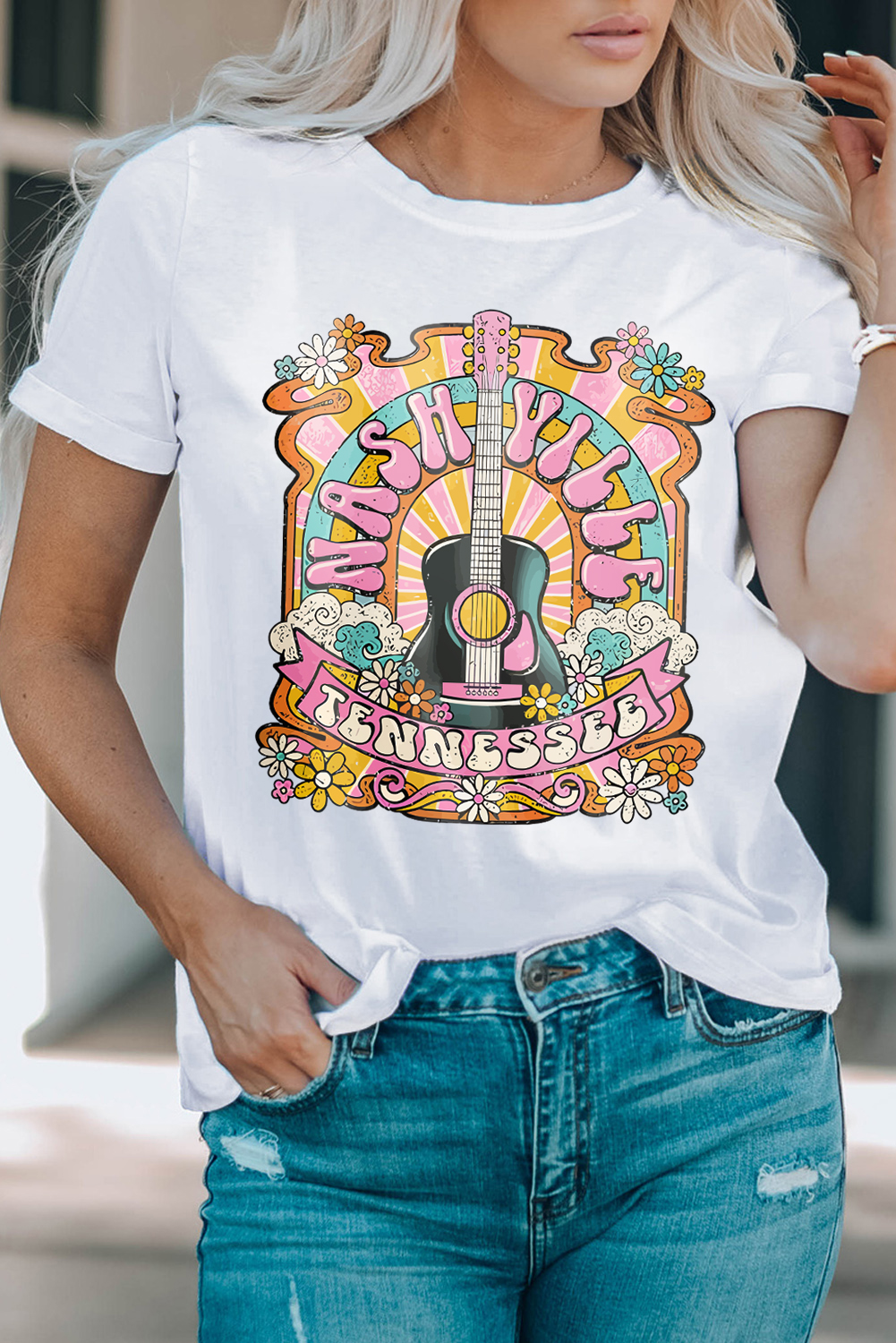 White NASHIVILLE Guitar Graphic Country Music T Shirt - loveforevers