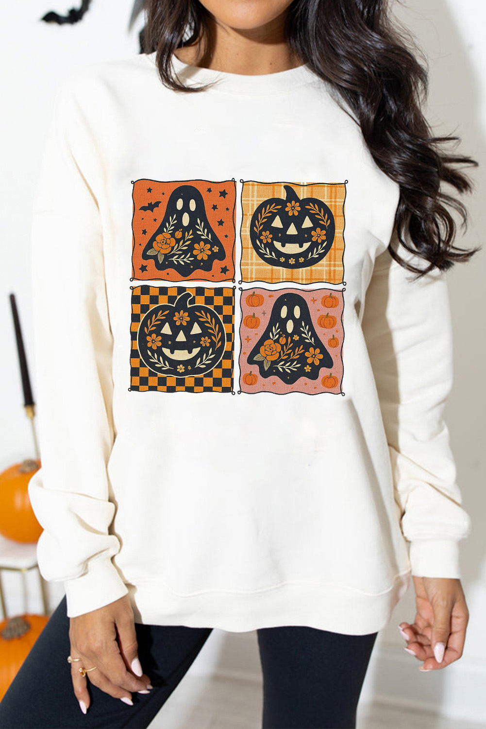 White Halloween Ghost Pumpkin Face Floral Checkered Graphic Sweatshirt - loveforevers